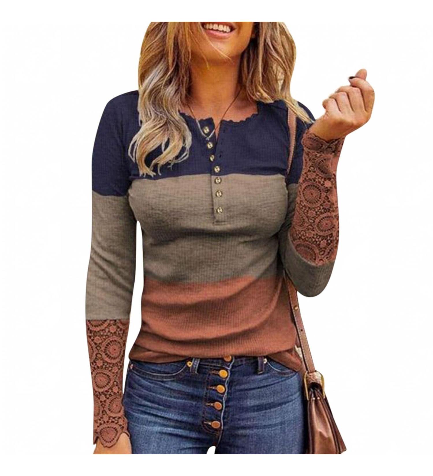 Women's Ribbed Knit Henley Long Sleeve Tunic Lace Top - Orange | Slim Fit Blouse - Buy Online on GoSupps.com