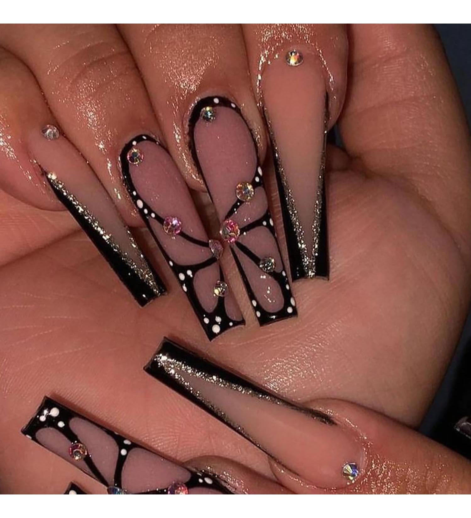 Buy Long Coffin Black Glossy Press on Nails - Rhinestone Butterfly Designs | Extra Long Square Acrylic False Nails for Women - Buy Online on GoSupps.com