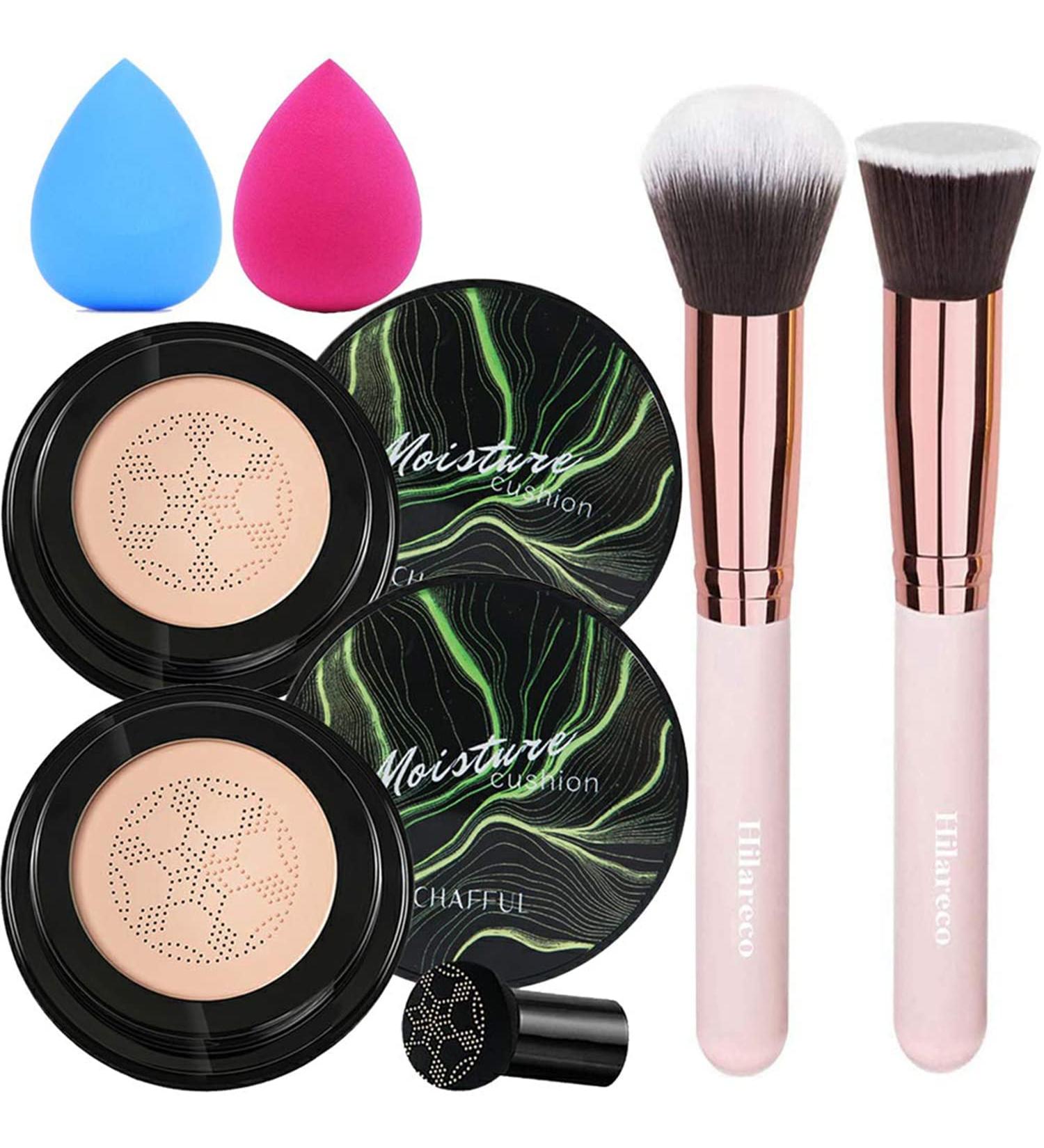 2 PCS Air Cushion CC Cream Set with Foundation Brushes and Mushroom Makeup Sponge - Natural Moisturizing Concealer for Bright Long-Lasting Makeup - Buy Online on GoSupps.com
