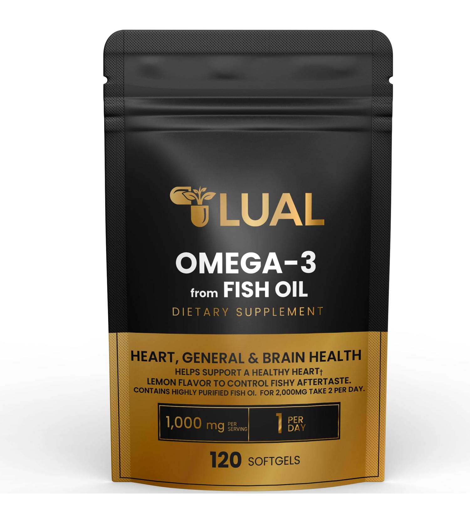 LUAL Omega-3 Fish Oil Softgels 1000mg with EPA and DHA Lemon Flavor Burpless Non-GMO Formula for Heart Brain and Overall Wellness 120 Count - Buy Online on GoSupps.com