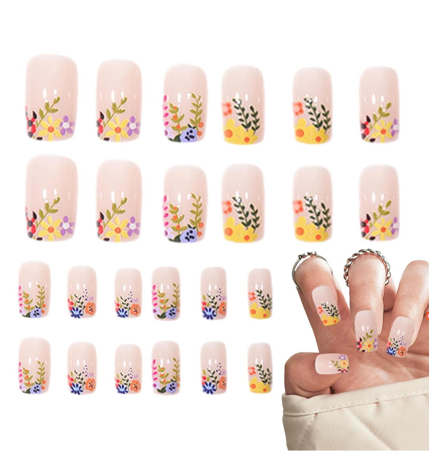 False Nails | Square Press On Fake Flower Nails | Long Lasting Artificial Fake Nails Detachable Full False Nails for Women - Buy Online on GoSupps.com