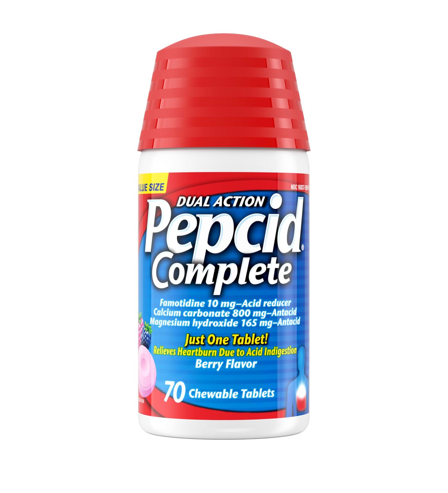 Pepcid Complete Acid Reducer + Antacid Chewables 10mg Famotidine 800mg Calcium Carbonate & 165mg Magnesium Hydroxide per Heartburn Medicine Tablet Antacid Chews Berry Flavored 70 ct Berry 70 Count - Buy Online on GoSupps.com