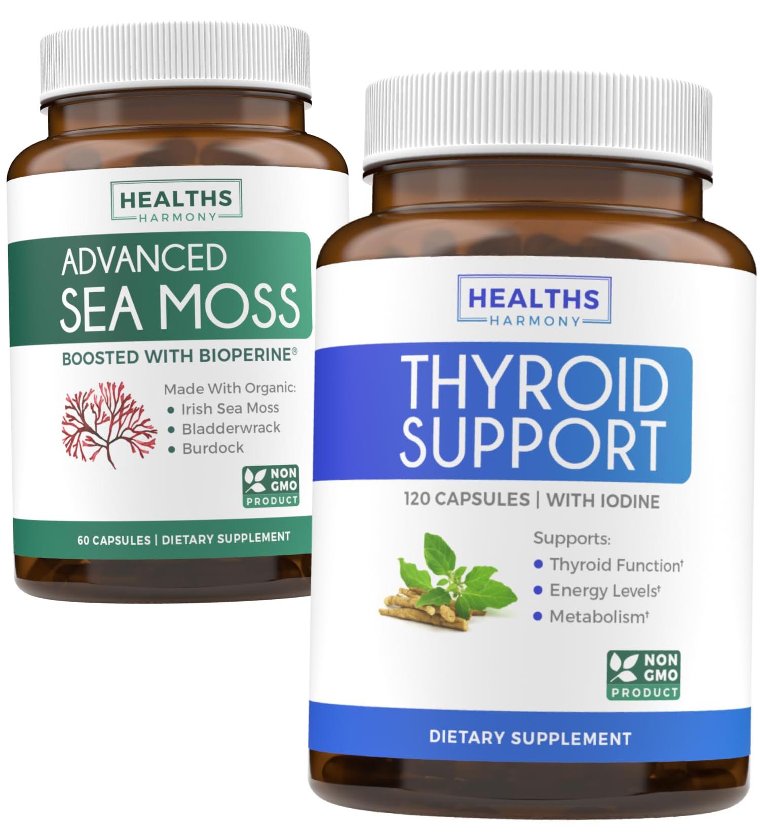 Bundle of Thyroid Support & Sea Moss - Sea Moss Thyroid Care Pack - Thyroid Support with Iodine (120 Caps) & Irish Sea Moss Capsules - Raw Vegan Supplement with BioPerine (Non-GMO & Organic) - Buy Online on GoSupps.com
