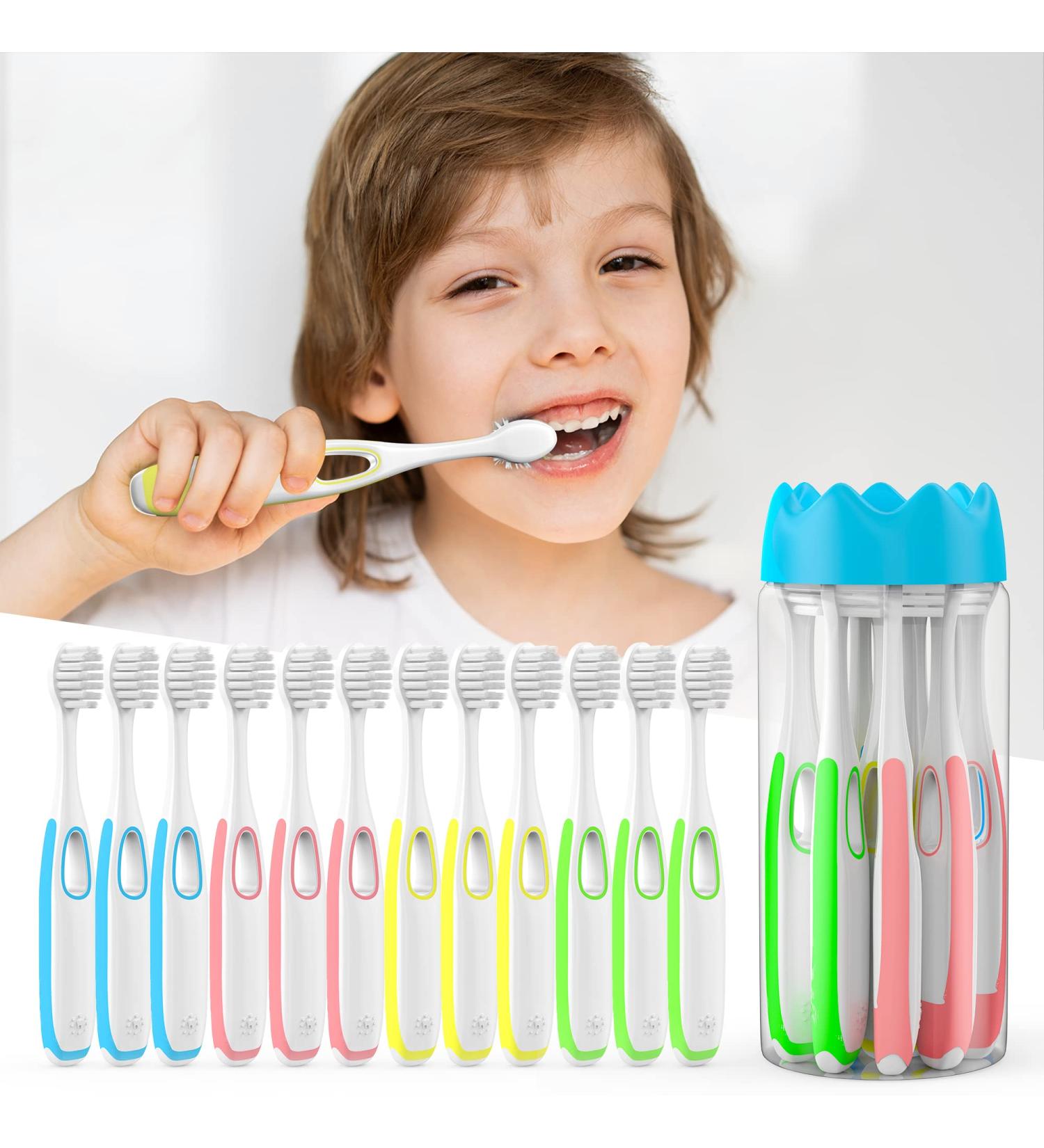 Moroluru 12-Piece Kids Toothbrush Set - Extra Soft Manual Toothbrush for Boys and Girls (2+ Years) in Pink, Yellow, Blue, and Green - Buy Online on GoSupps.com