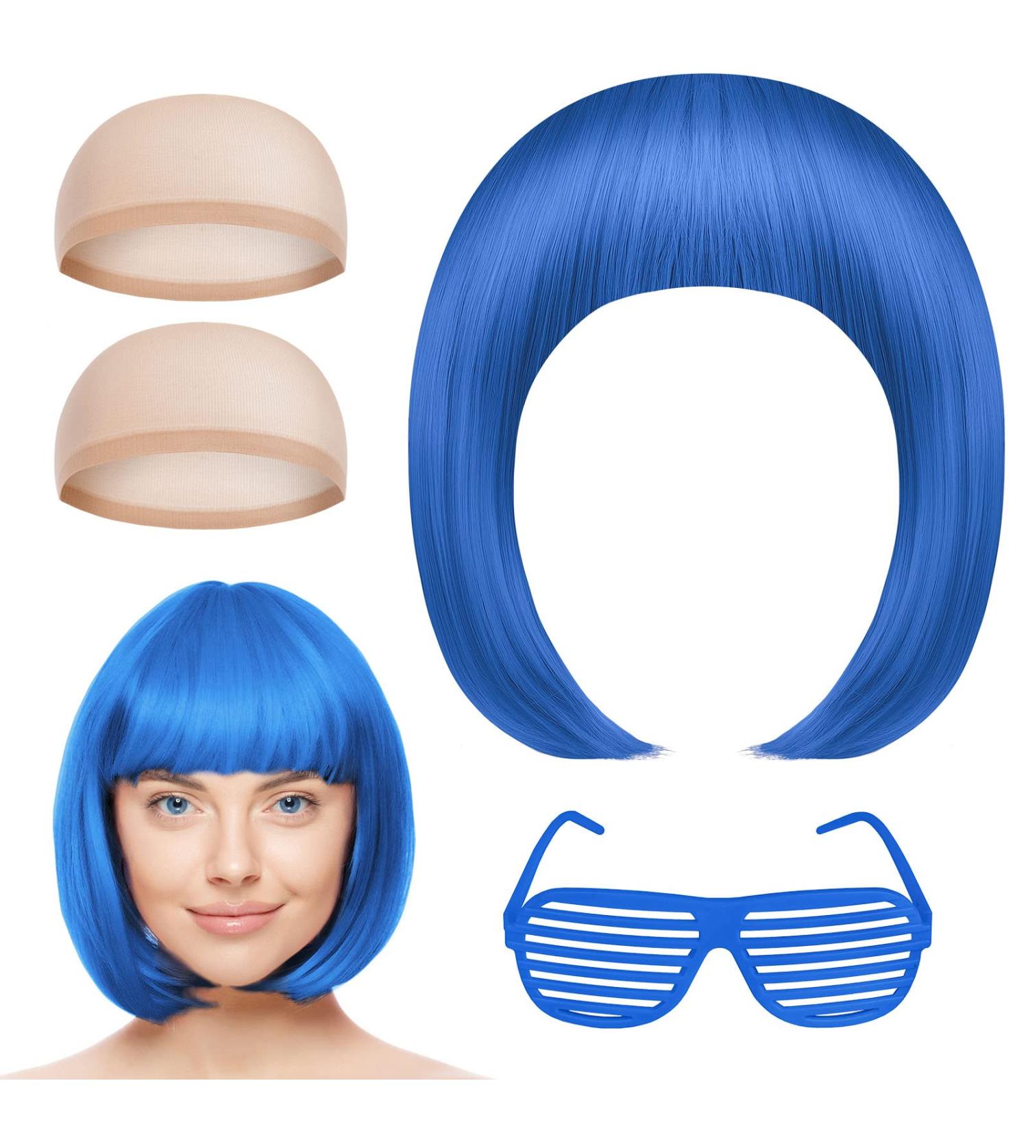 AOMIG Short Bob Wig for Women 4 Pack Short Blue Bob Wigs Set with Sunglass and Wig Cap Neon Fancy Dress Accessory Cosplay Wig with Bangs Synthetic Straight Wig for Daily Halloween Party Cosplay - Buy Online on GoSupps.com