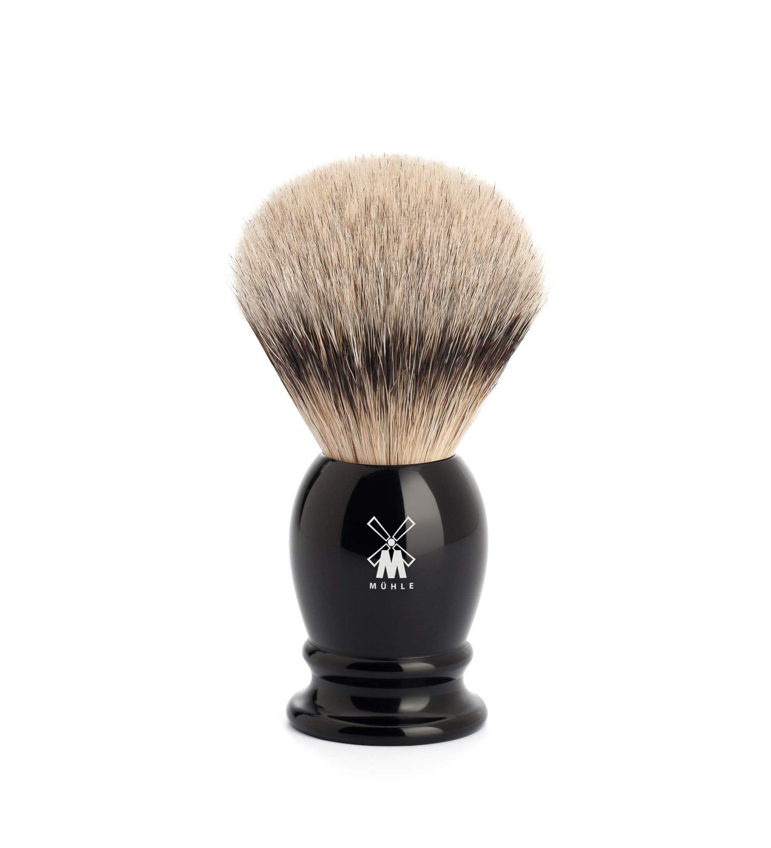 M HLE Classic shaving brush - shaving brush with silvertip badger - medium - handle made of black precious resin - handmade