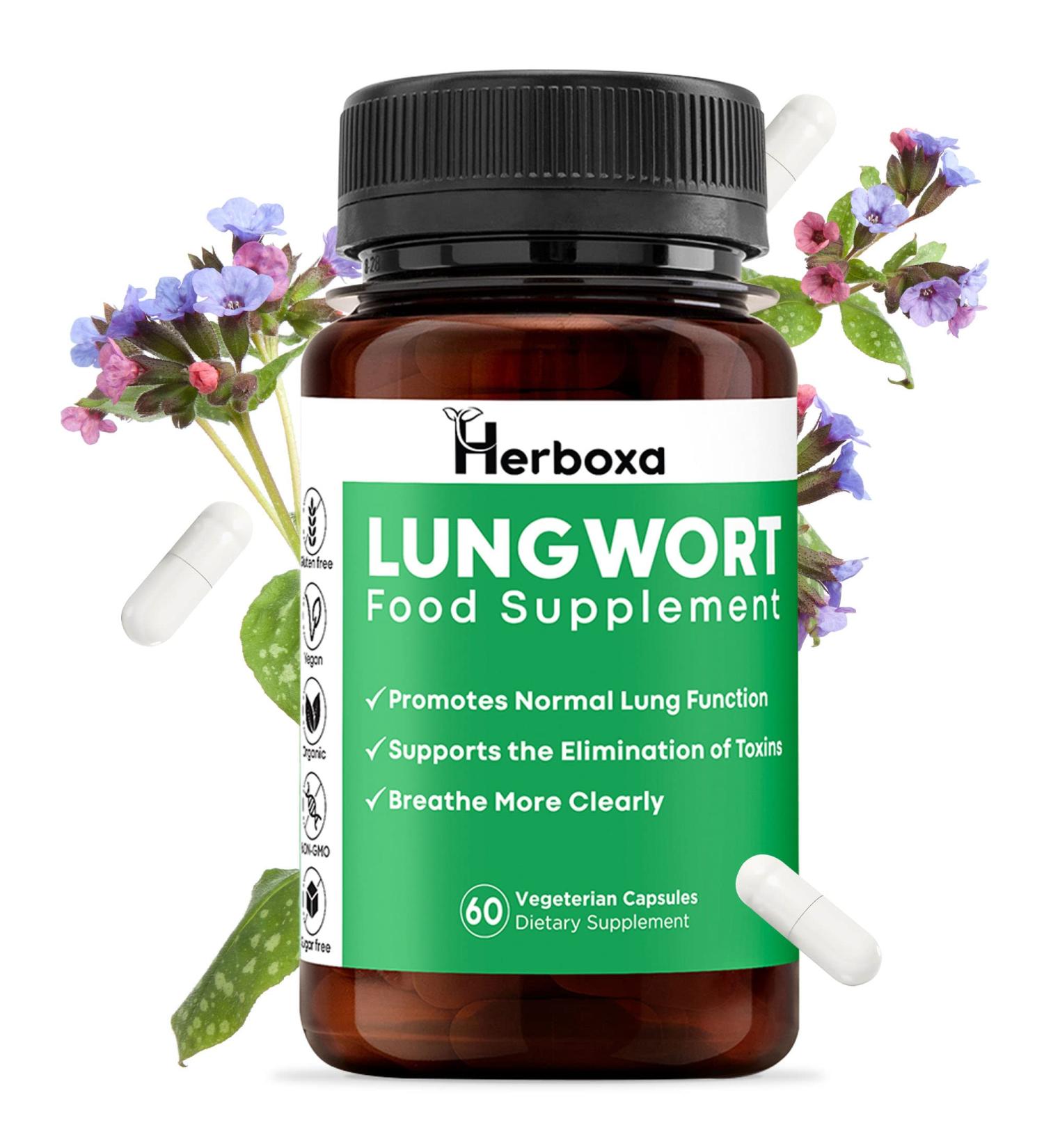 Herboxa Lungwort Lung Support Supplement - Clear Lungs & Detox Capsules - Lung Cleanse for Health & Revitalization - 60 Vegan Capsules - Buy Online on GoSupps.com