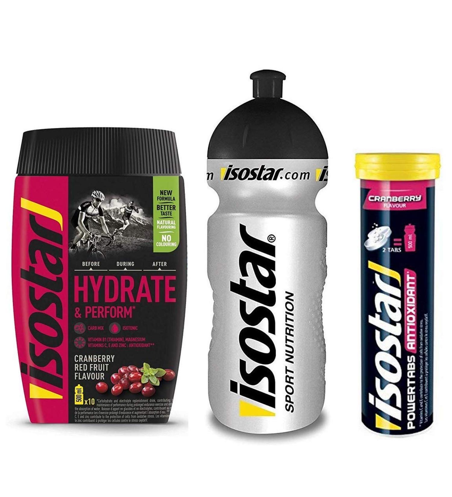 Isostar Hydrate & Perform Iso Drink - 400g Isotonic Drink Powder - 1x Cranberry + 1x Cranberry Tablets + 0.5 Liter Bottle - Buy Online on GoSupps.com