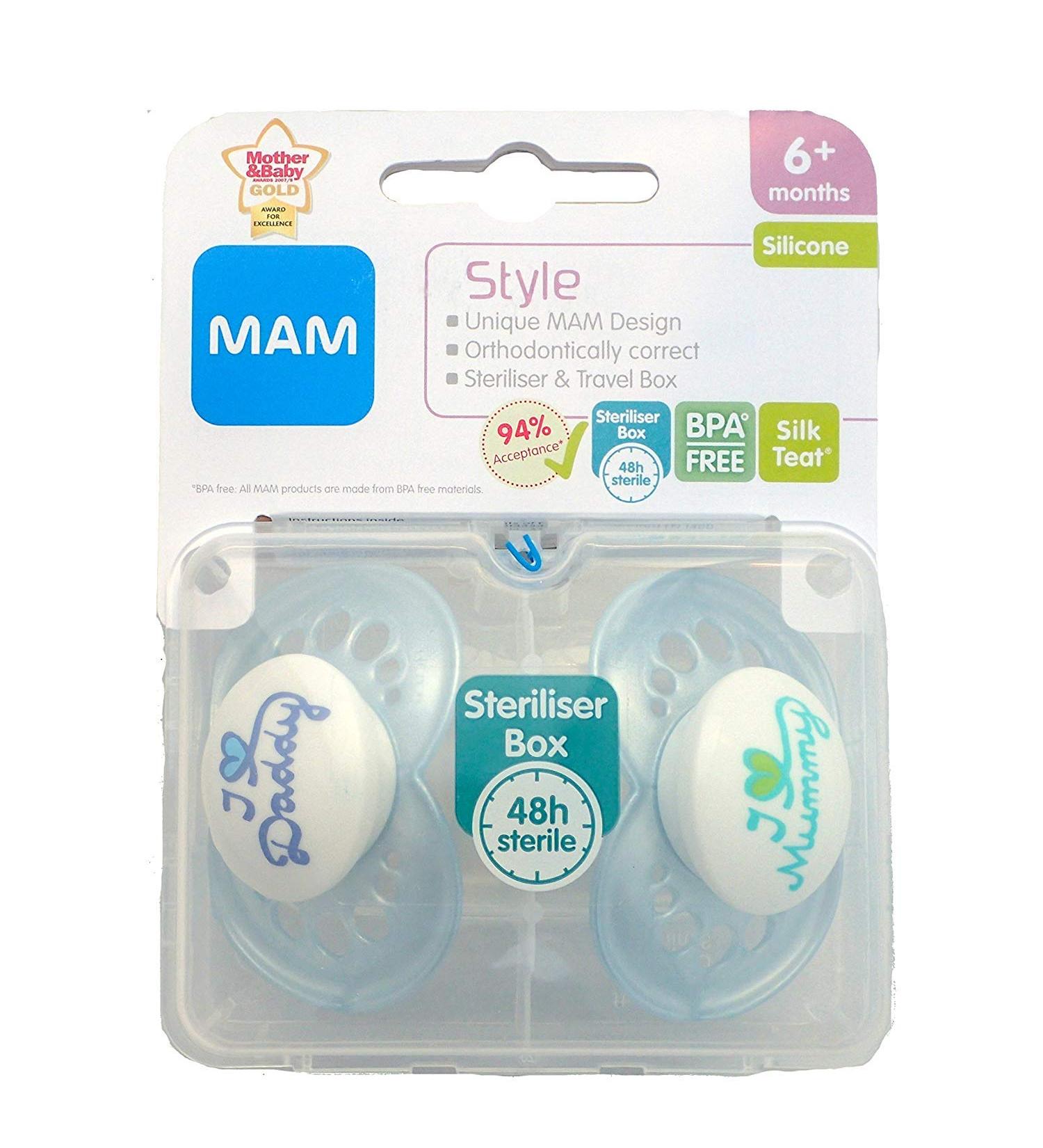 MAM Style - 2 x pacifiers 'I Love Mummy & I Love Daddy' 6m+ (blue)