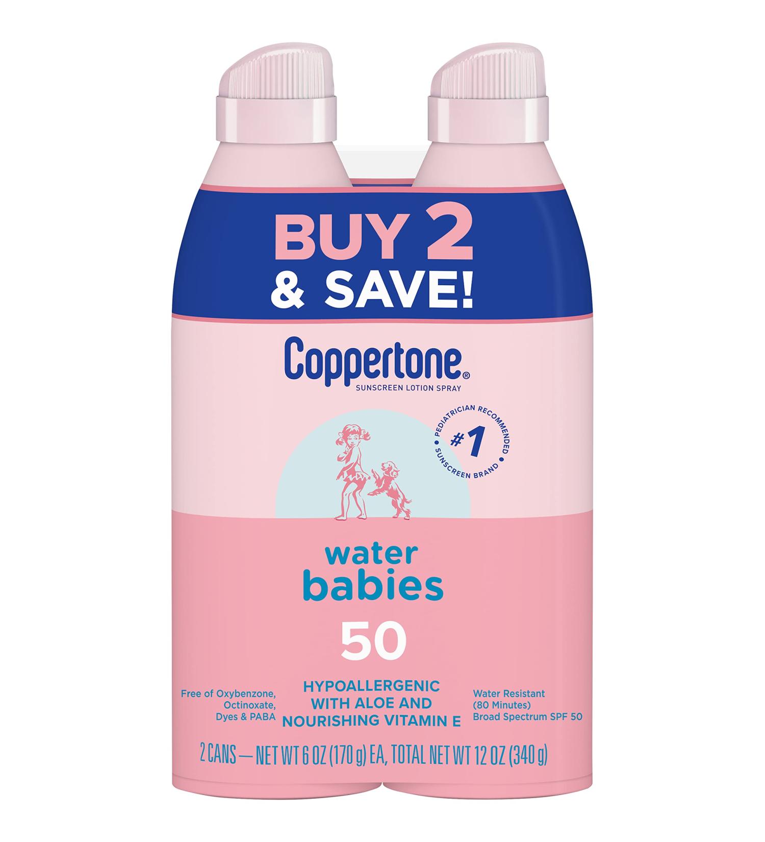 Coppertone Water Babies Sunscreen Lotion Spray SPF 50 - Pediatrician Recommended, Water Resistant Baby Sunscreen, 6 Oz Spray (Pack of 2) - Buy Online on GoSupps.com