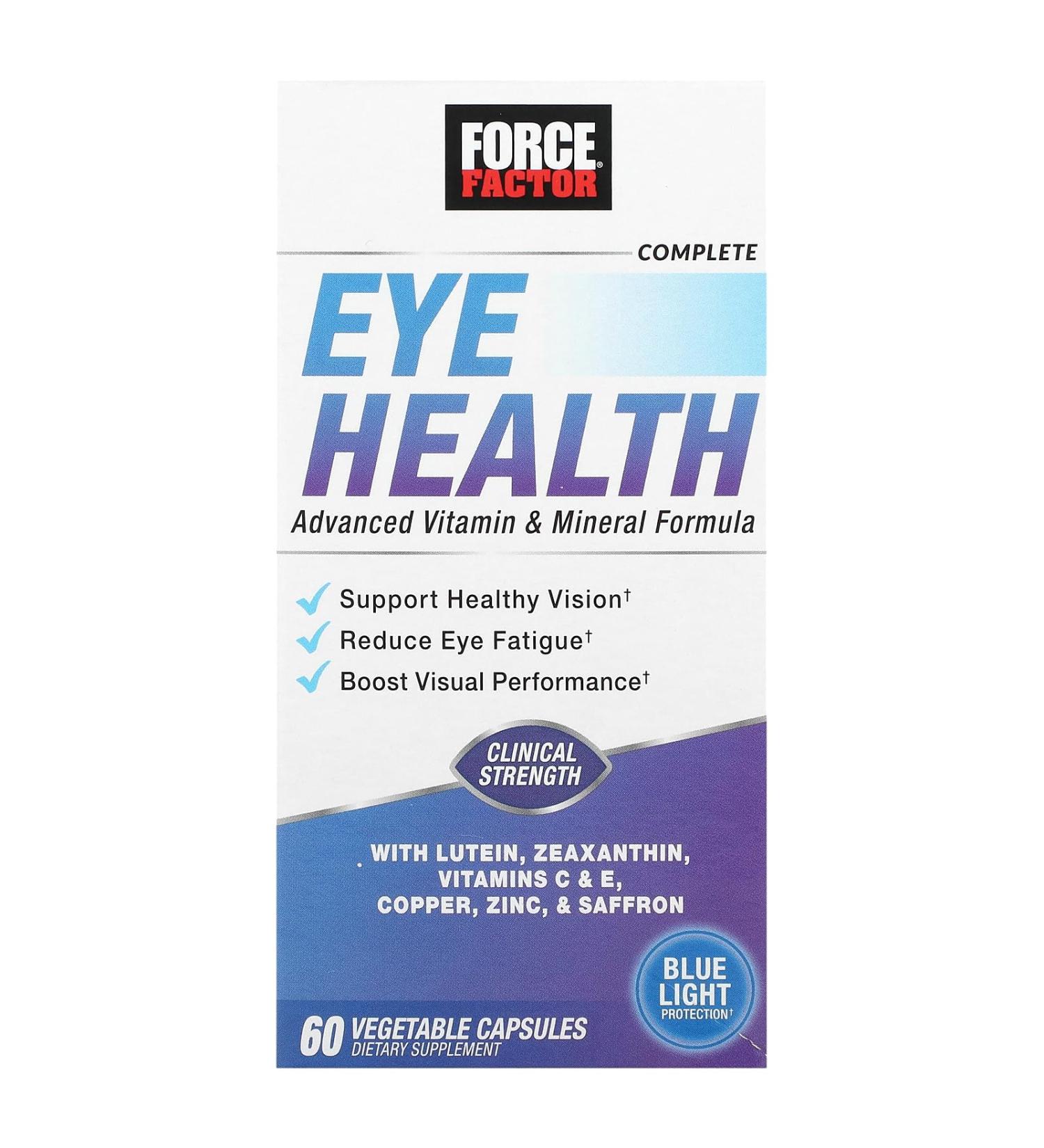 Force Factor Complete Eye Health, Clinical Strength Eye Vitamins with Lutein & Zeaxanthin to Support Vision, Eye Function, and Blue-Light Protection, Eye Health Supplements for Adults, 60 Capsules