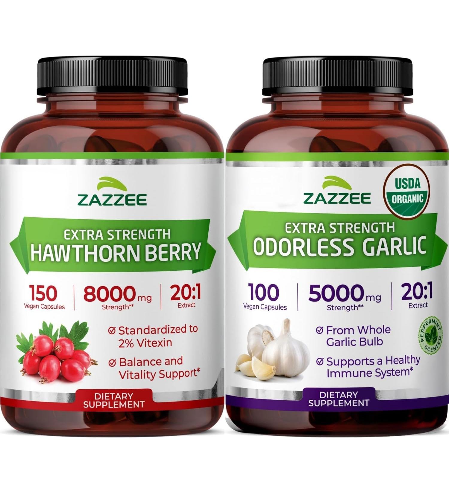 Zazzee Herbal CardioVascu Support Bundle | USDA Organic Odorless Garlic Extract & 20:1 Extra Strength Hawthorn Berry Capsules | Non-GMO Vegan & ISO Lab Tested - Buy Online on GoSupps.com