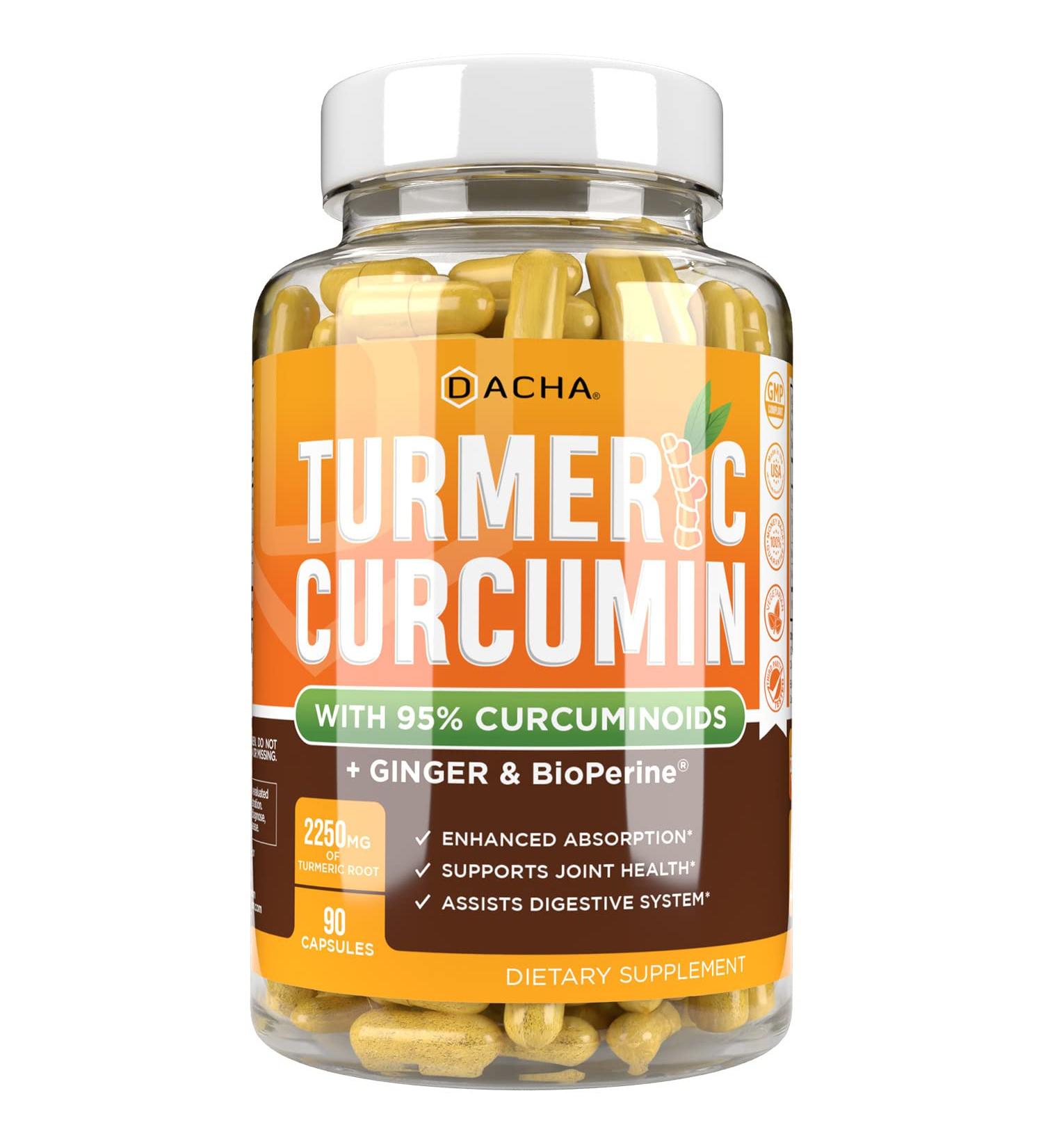 DACHA Turmeric Curcumin 2250mg Supplement - Joint Support with Black Pepper & Ginger - 95% Curcuminoids - Capsules - Buy Online on GoSupps.com