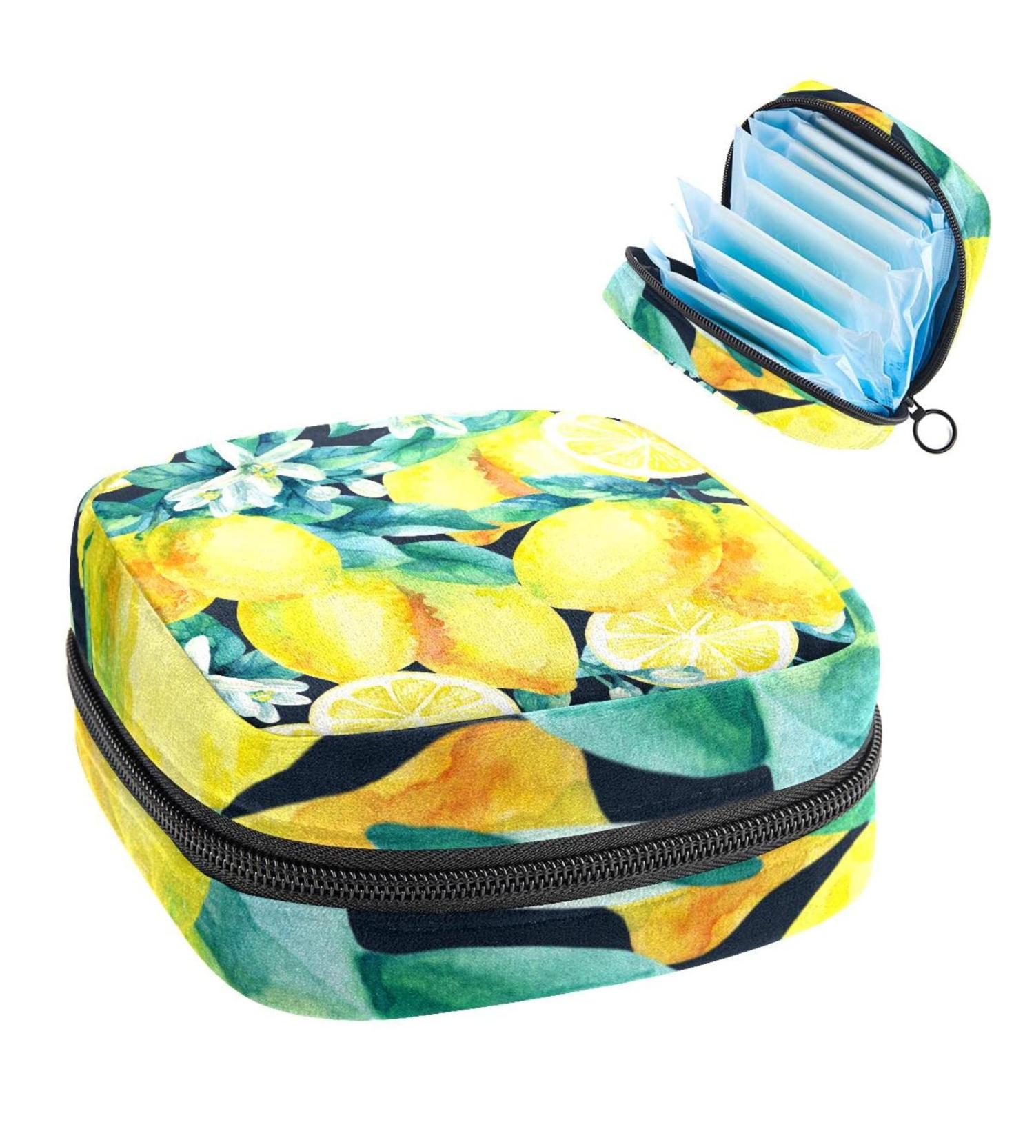 Women's Portable Period Kit Bag - Watercolor Lemon Fruits Leaves | Stylish Storage & Lift Pad for Girls - Buy Online on GoSupps.com