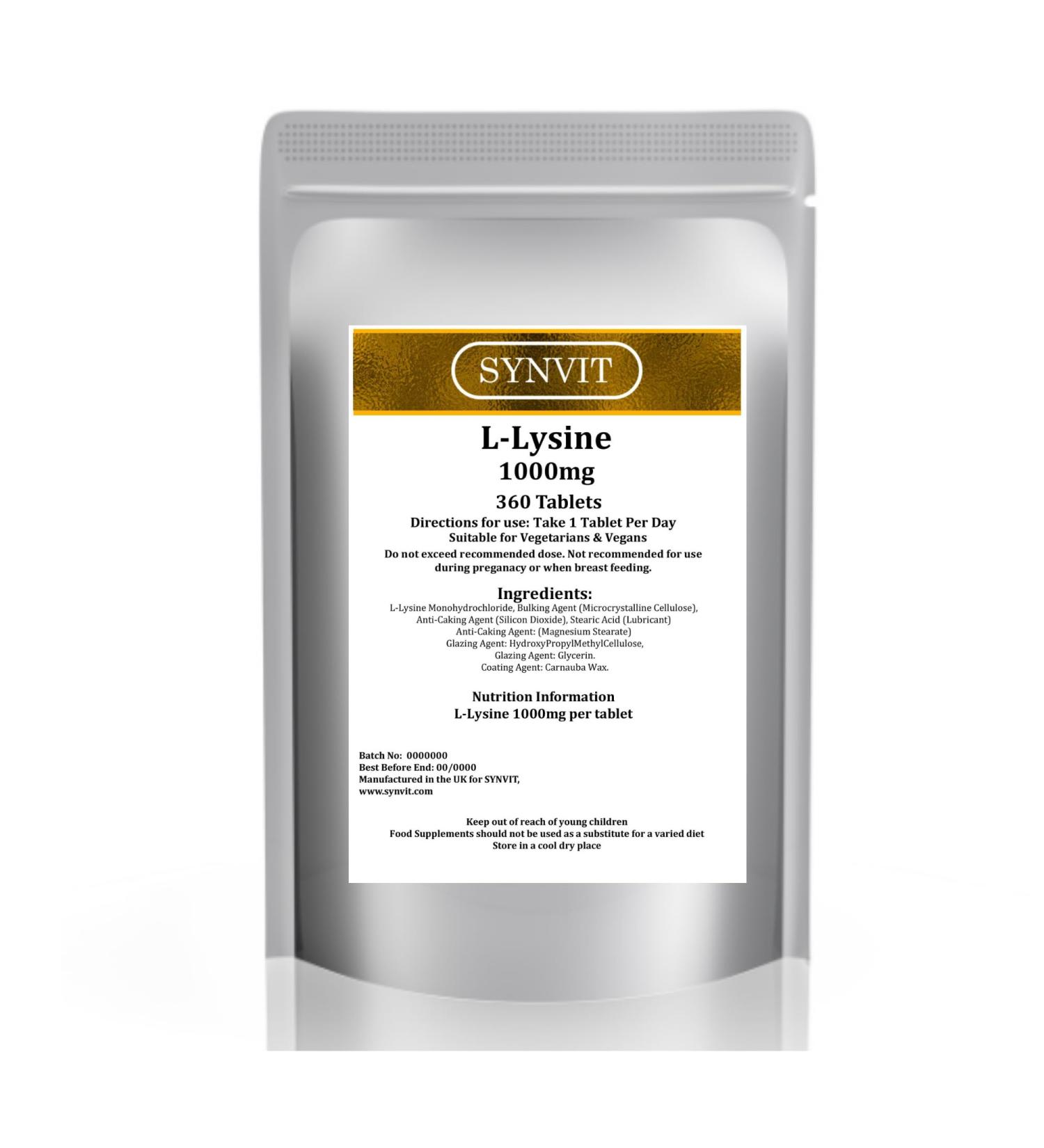 SYNVIT L-Lysine 1000mg (12 Month Supply) - 360 High Strength Tablets | Vegan Friendly | Essential Amino Acid - Buy Online on GoSupps.com