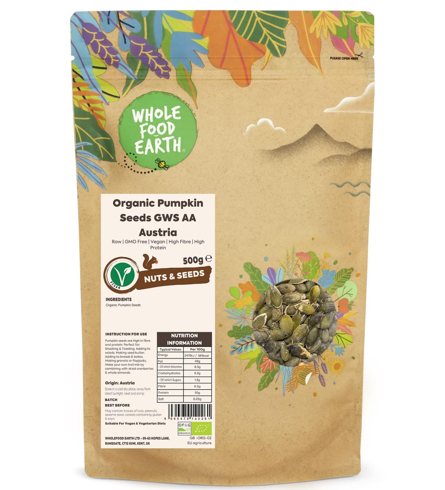 Wholefood Earth Graines de courge GWS AA d Autriche 500 g - Crues - Sans OGM - V ganes - Riches en fibres - Riches en prot ines - Certifi es biologiques - Buy Online on GoSupps.com