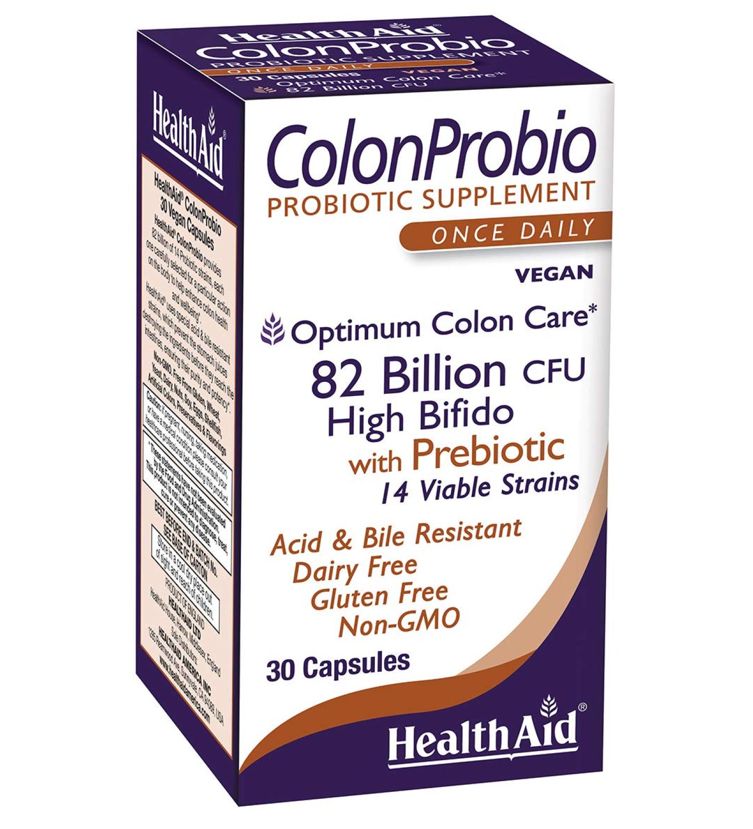 HealthAid ColonProbio 82 Billion with Prebiotic 14 Strains Once Daily 30ct Optimum Colon Care Acid & Bile Resistant Dairy Free Gluten Free Non-GMO - Buy Online on GoSupps.com