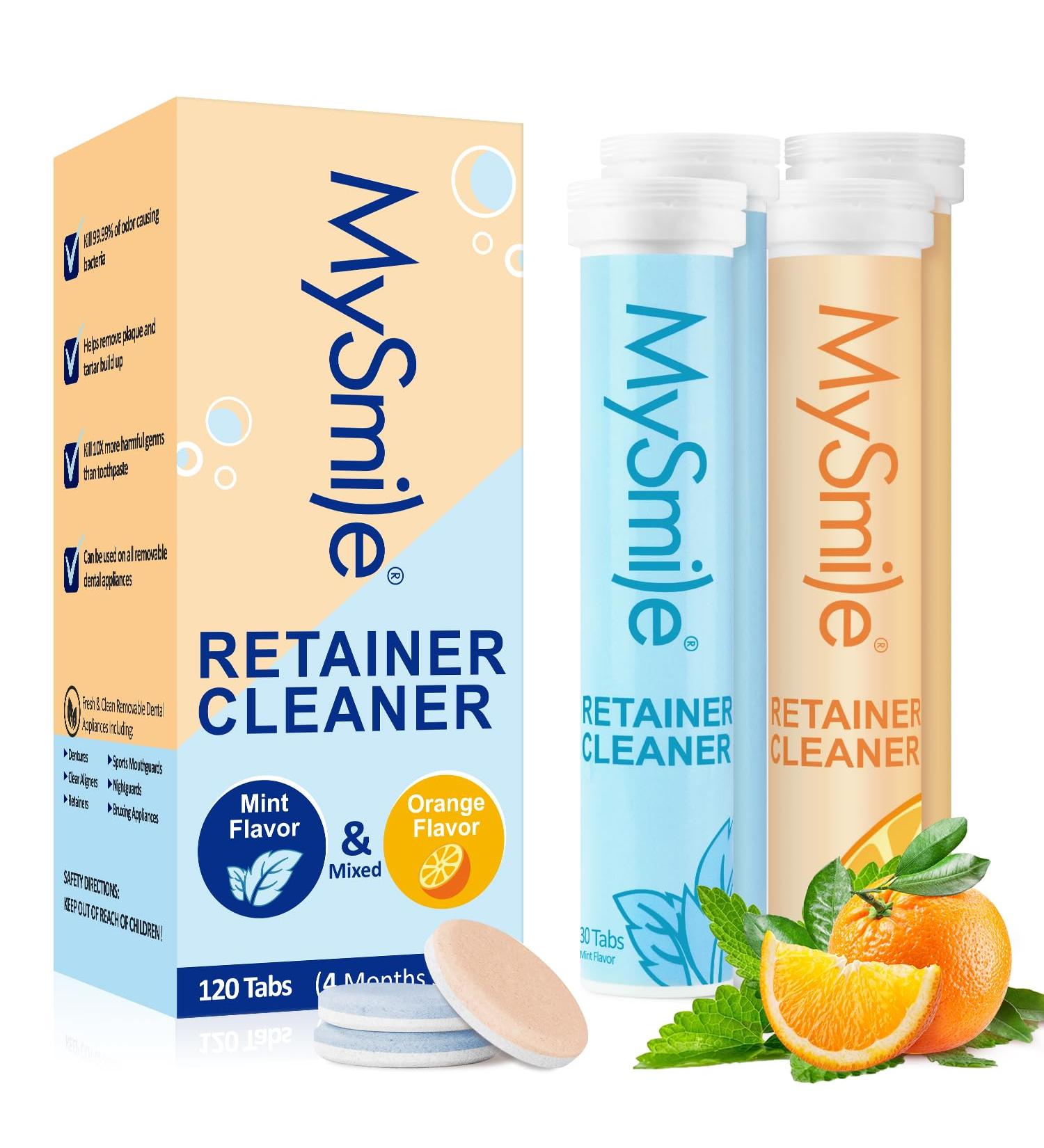 MySmile Retainer Cleaner with 120 Denture Cleaning Tablets Quickly Remove Odors Discoloration Stains & Plaque from Aligner Mouth Guard Night Guard and More Dental Appliances (Mint+Orange Flavor) - Buy Online on GoSupps.com