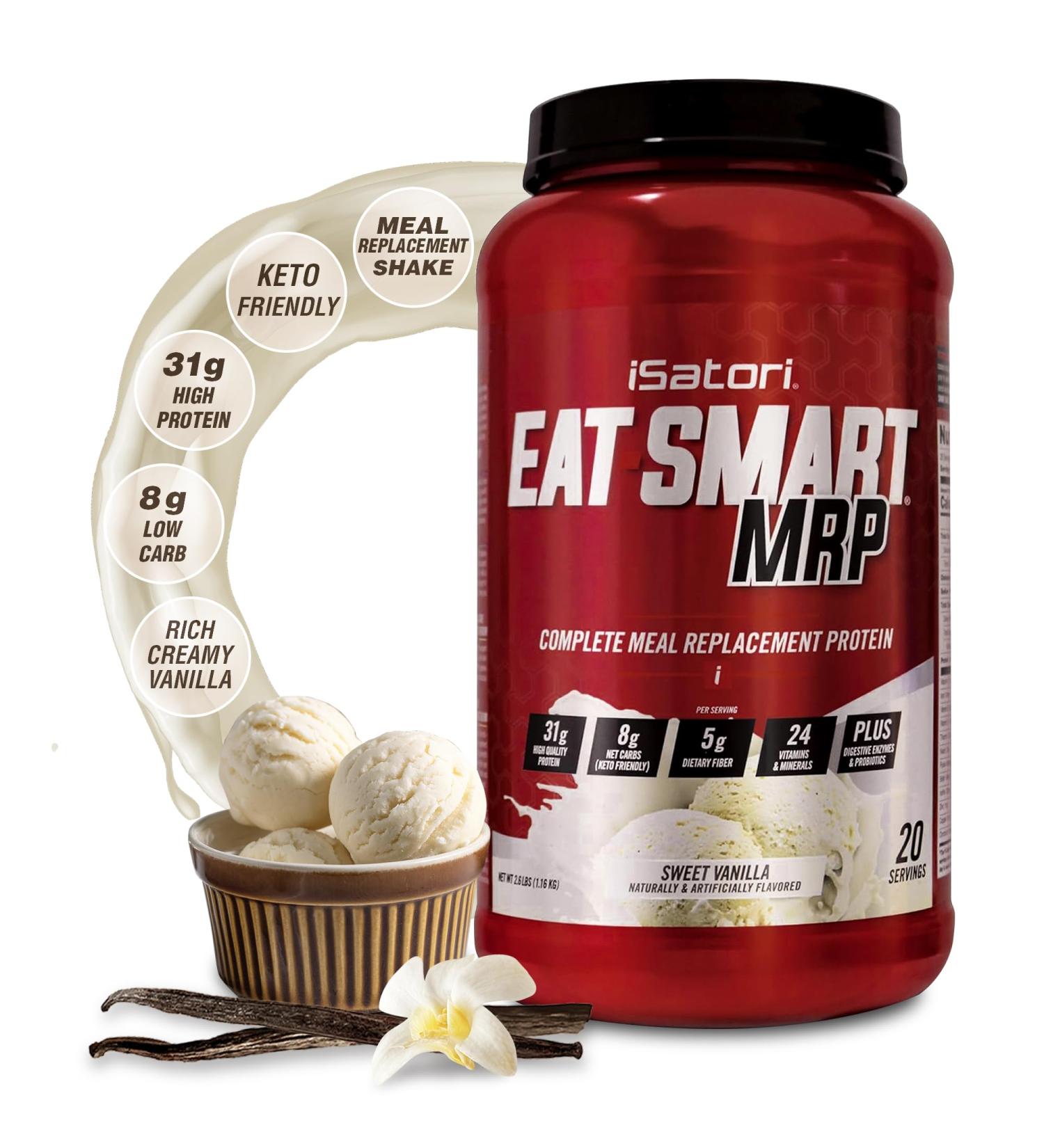 iSatori Eat Smart MRP High Protein Meal Replacement Shake with Whey Protein Powder Probiotics Powder Casein Protein MCT Oil Egg Albumen Vitamins & Minerals Keto Vanilla Flavor 20 Servings - Buy Online on GoSupps.com