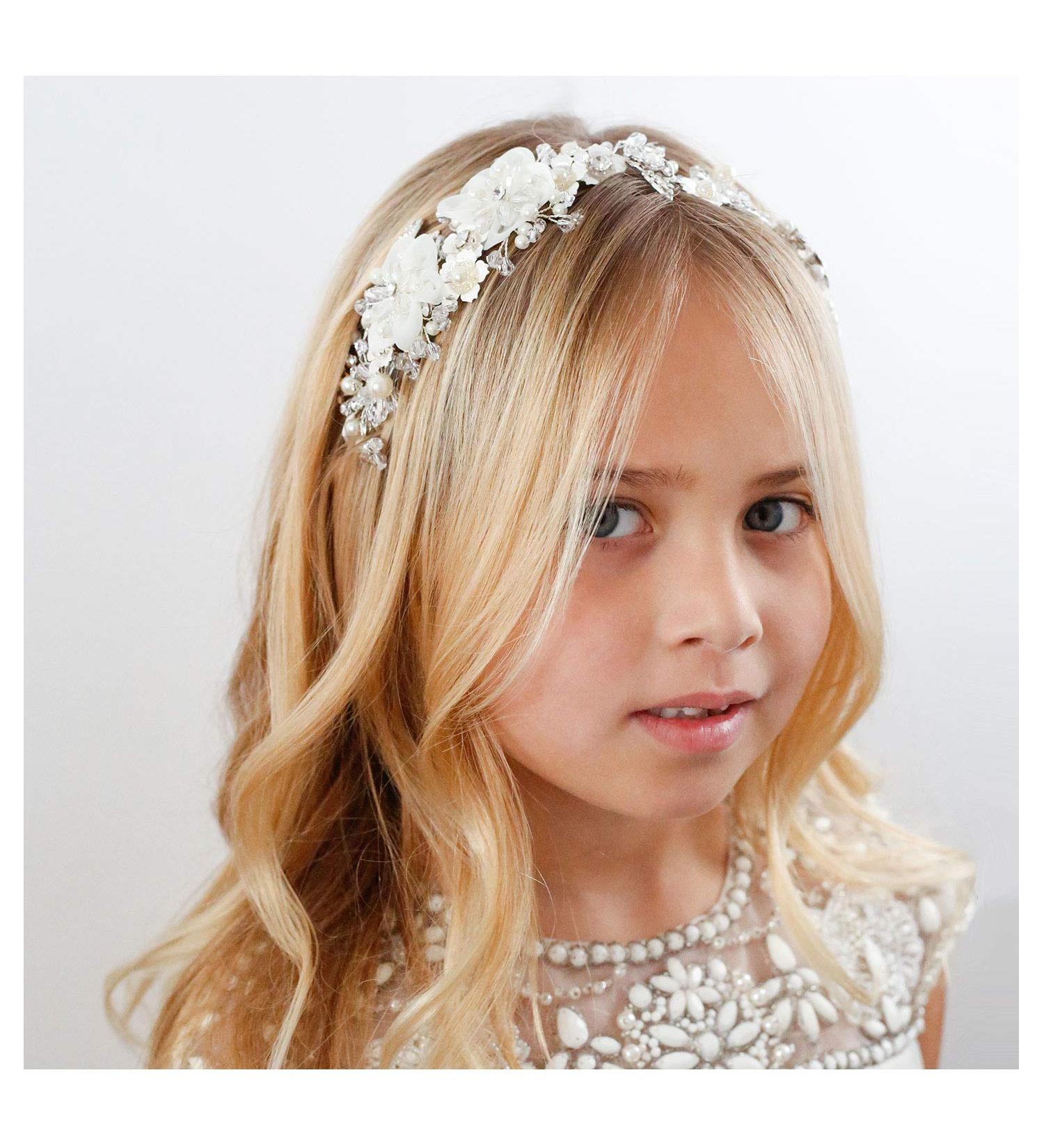 SWEETV Ivory Tulle Flower Girl Headpiece with Pearls - Perfect for Weddings, Birthdays, and First Communion - Buy Online on GoSupps.com