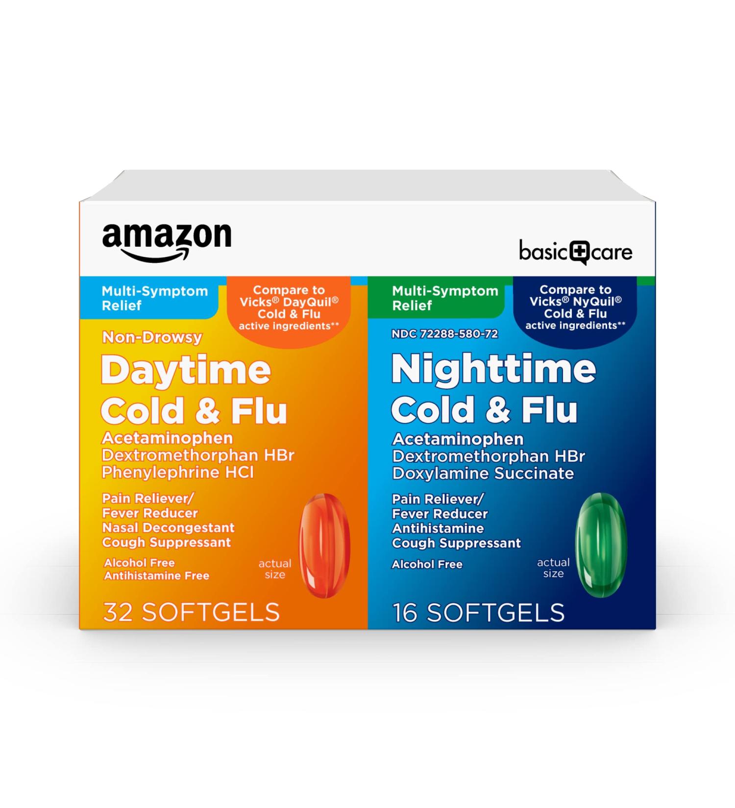 Amazon Basic Care Cold and Flu Relief Day/Night Combo Softgels - 48 Count Pack - Multi-Symptom Relief for Powerful Cold Medicine - Buy Online on GoSupps.com