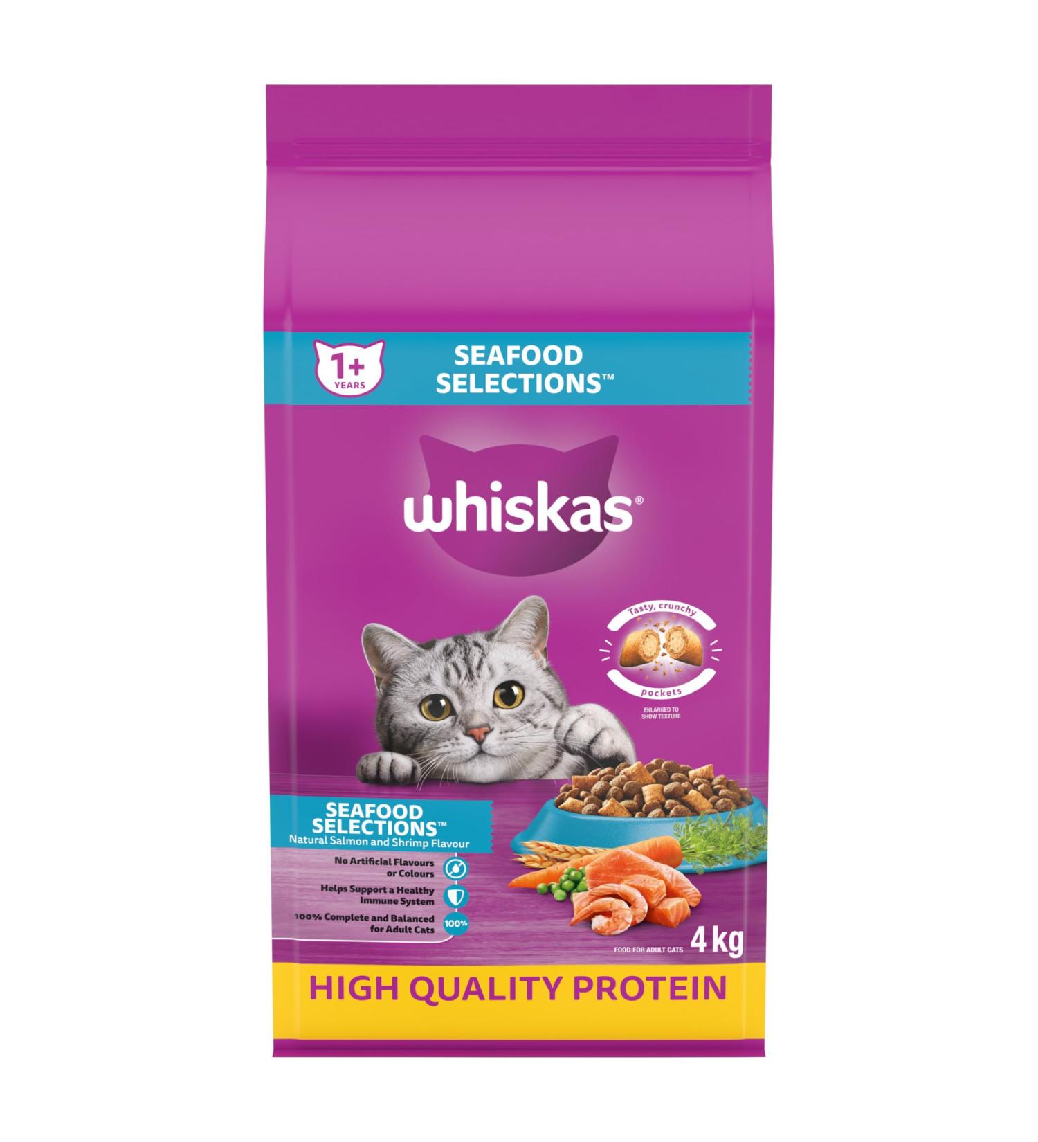 Whiskas Seafood Selections Adult Dry Cat Food With Real Salmon 4kg bag - Buy Online on GoSupps.com