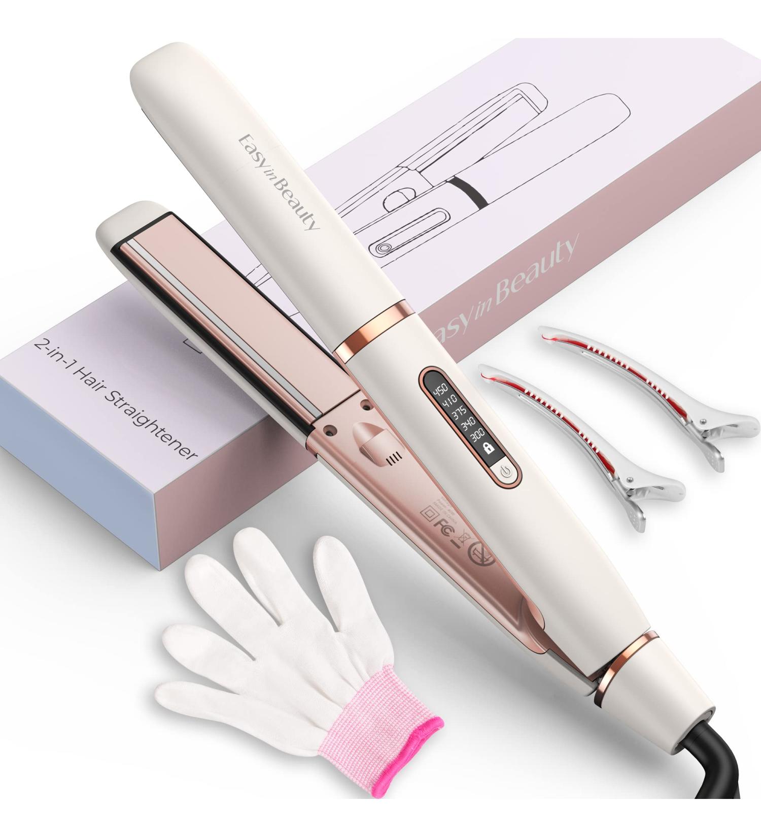 EasyinBeauty Ionic Infrared Hair Straightener Flat Iron - Professional 2-in-1 Ceramic Tourmaline Styling Tool with LED Display and Fast Heating - 5 Temp Settings - Buy Online on GoSupps.com
