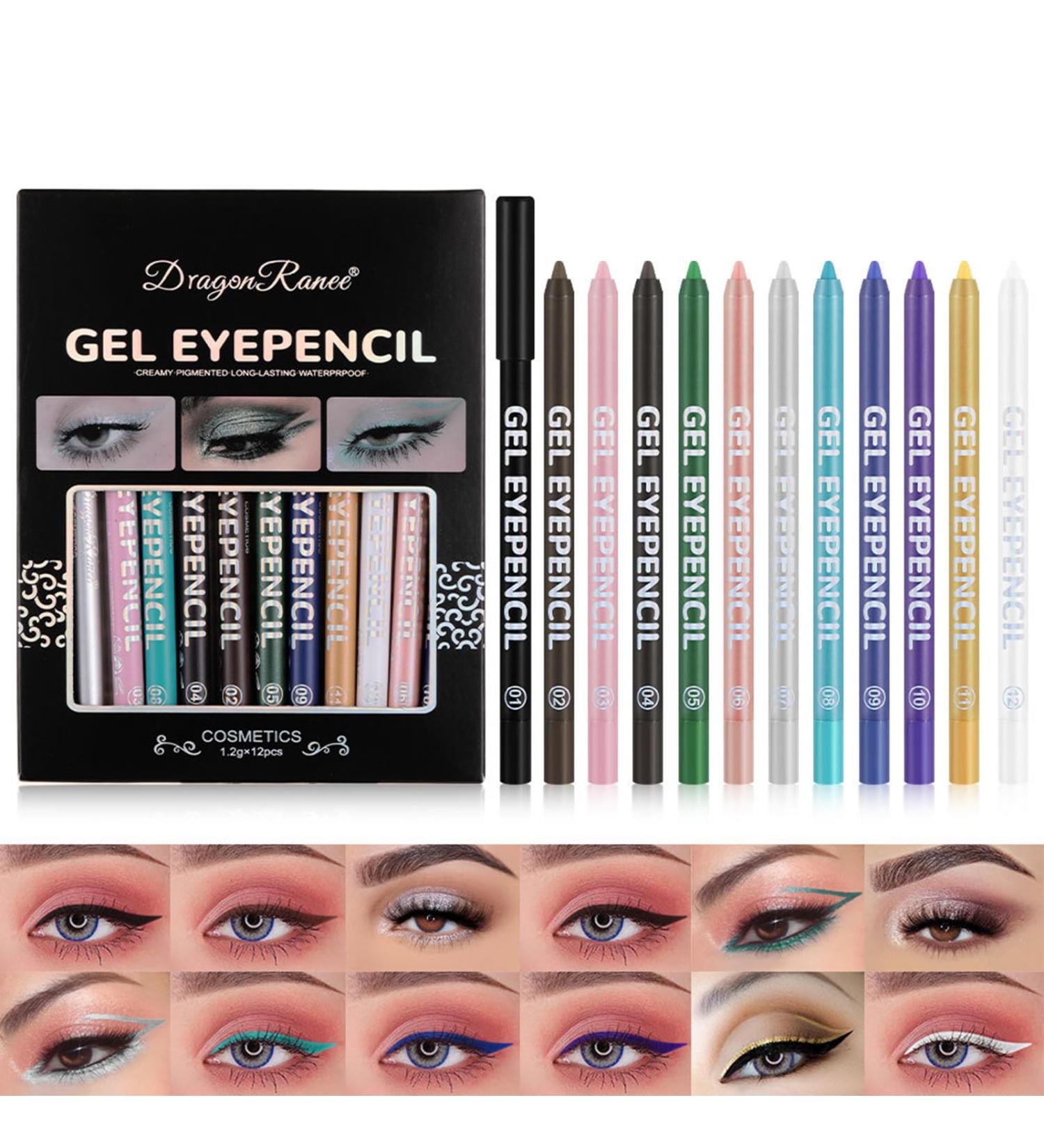 Joyeee 12 Colored Glitter Eyeliner Pencil Set Eye Liner Pen Brown Blue Red White Green Glitter Black Eyeliner Eyeshadow Waterproof Smudgeproof Long Lasting Gel Eyeliner Make Up for Girl Women Gift #042 - Buy Online on GoSupps.com