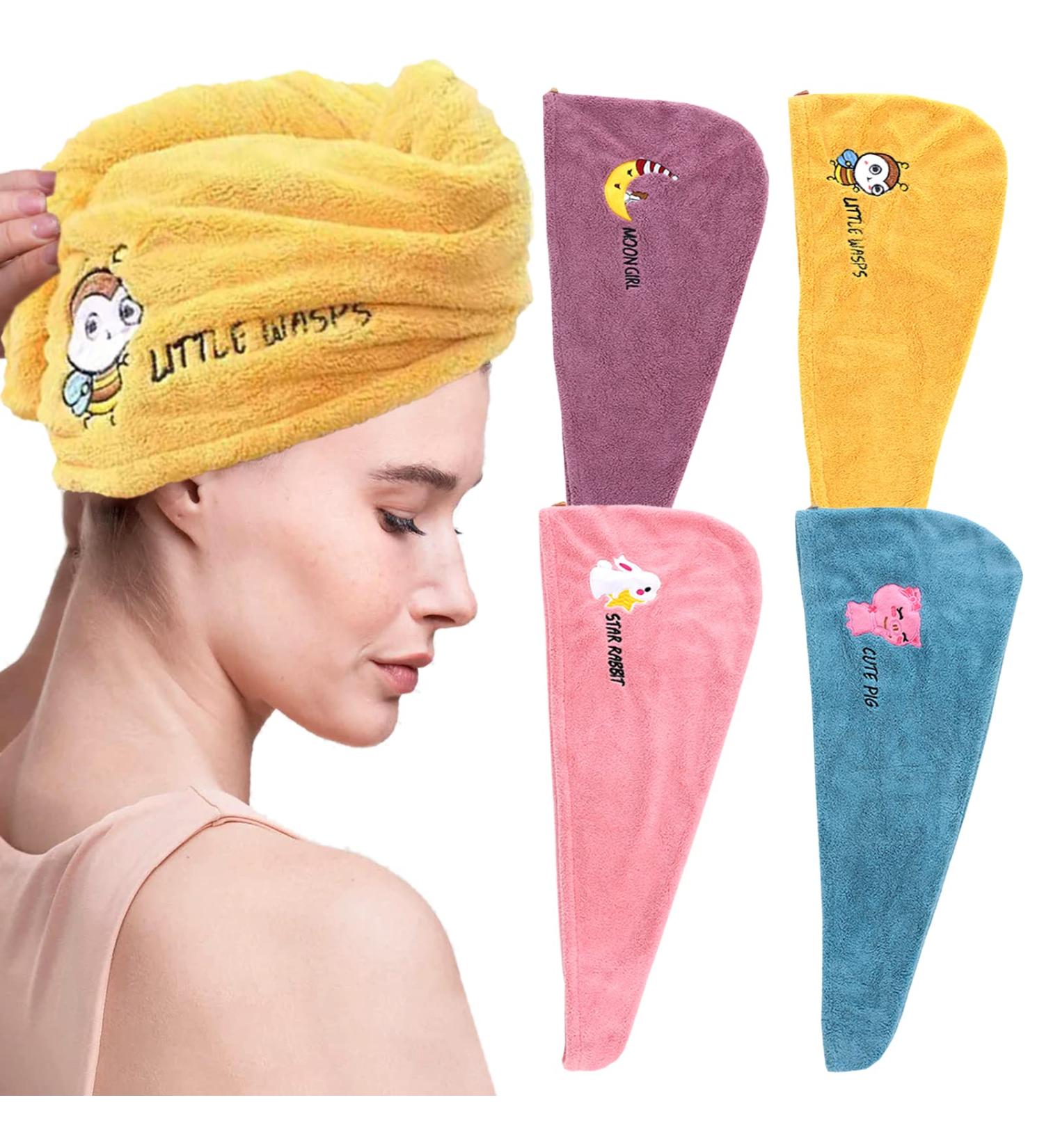 Fast Drying Microfiber Hair Towel Set - 4 Colors with Button | Super Absorbent Hair Turban for Women & Girls - Perfect for Salon Travel & Bath - Buy Online on GoSupps.com