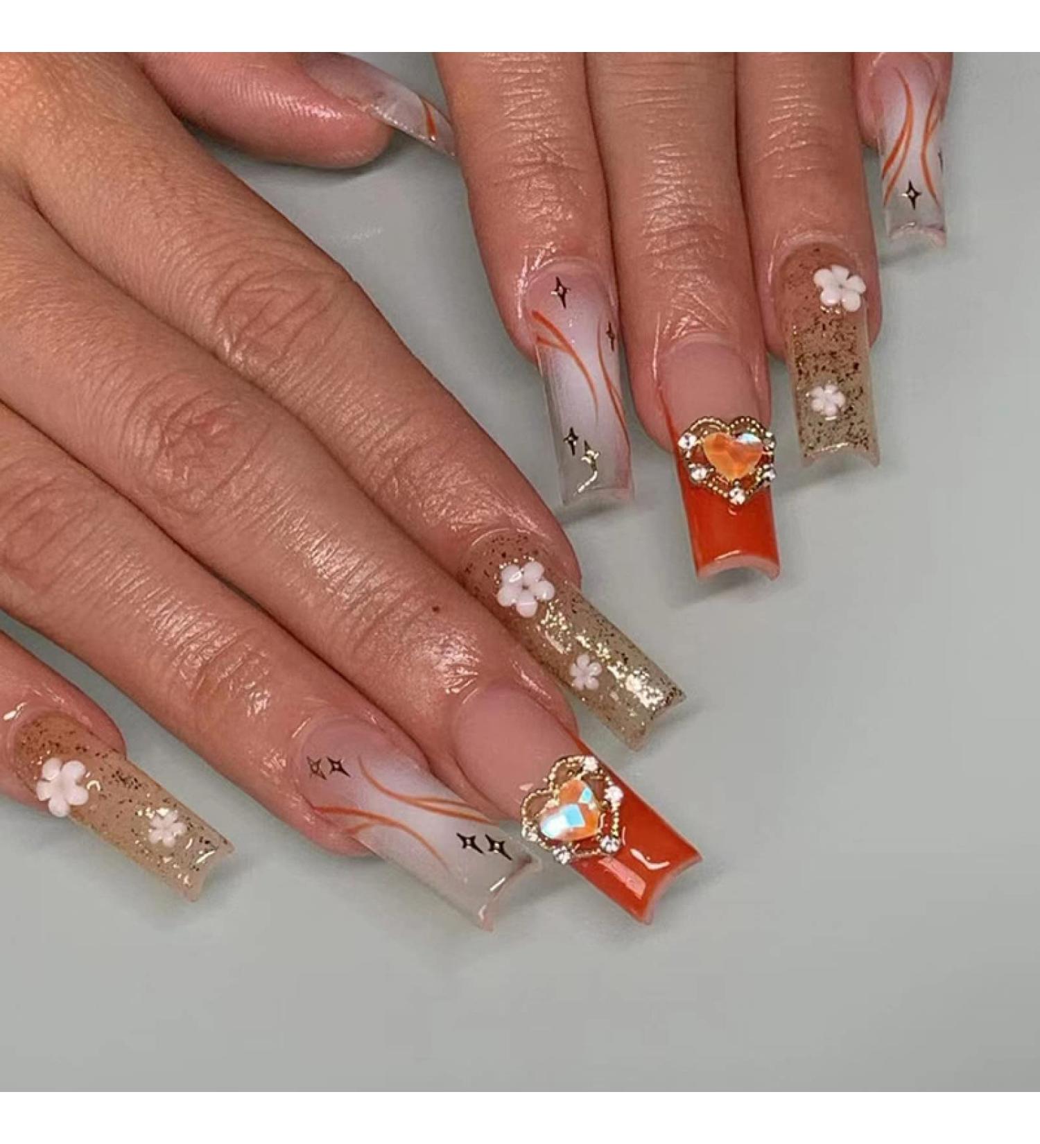 24pcs Long Coffin Acrylic Fake Nails Wearable Ballerina Rhinestone Butterfly Glitter Full Cover Nail Tips Set Press On Nails New Qh-37