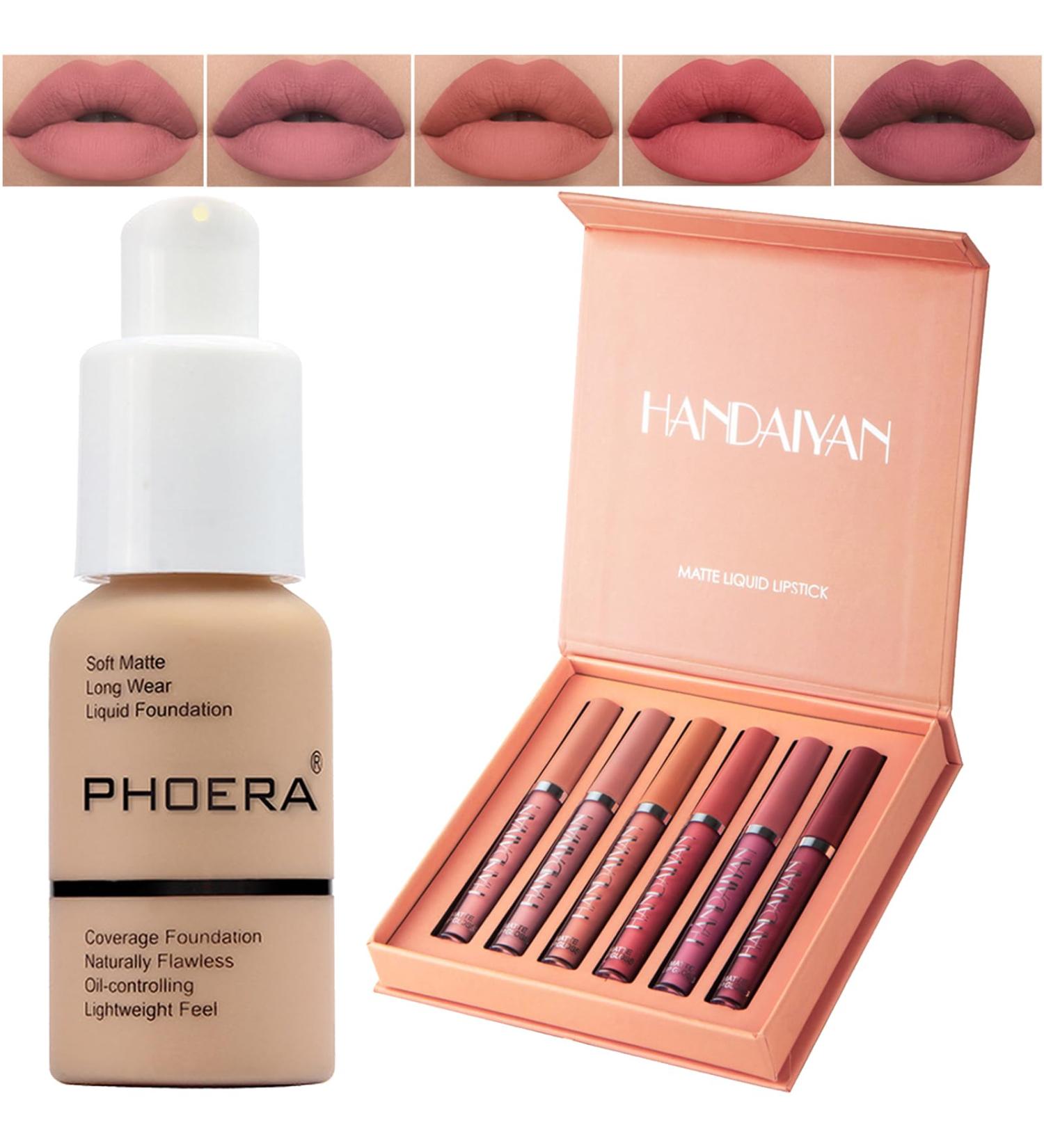 PHOERA Foundation & 6 Pcs Matte Liquid Lipstick Set - Long-Lasting Full Coverage | International Shipping - Buy Online on GoSupps.com
