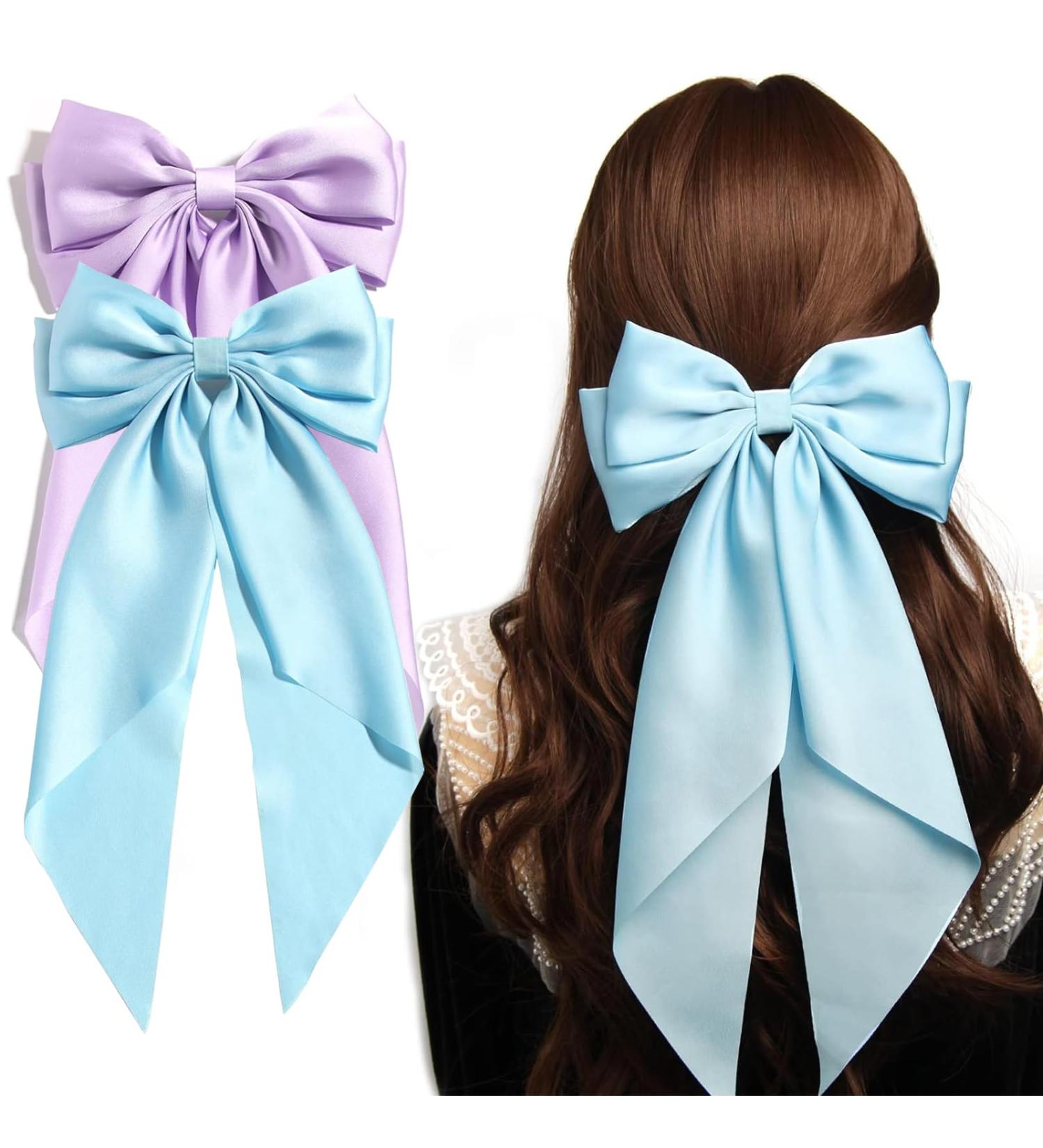 2 Pcs Big Hair bow Hair Bows for Women Bow Hair Clip Elegant Solid Color French Barrette Bows For Hair With Long Silky Satin Hair Barrettes Accessories Bow Hair Clips for Women Girls (Blue+Lilac) - Buy Online on GoSupps.com