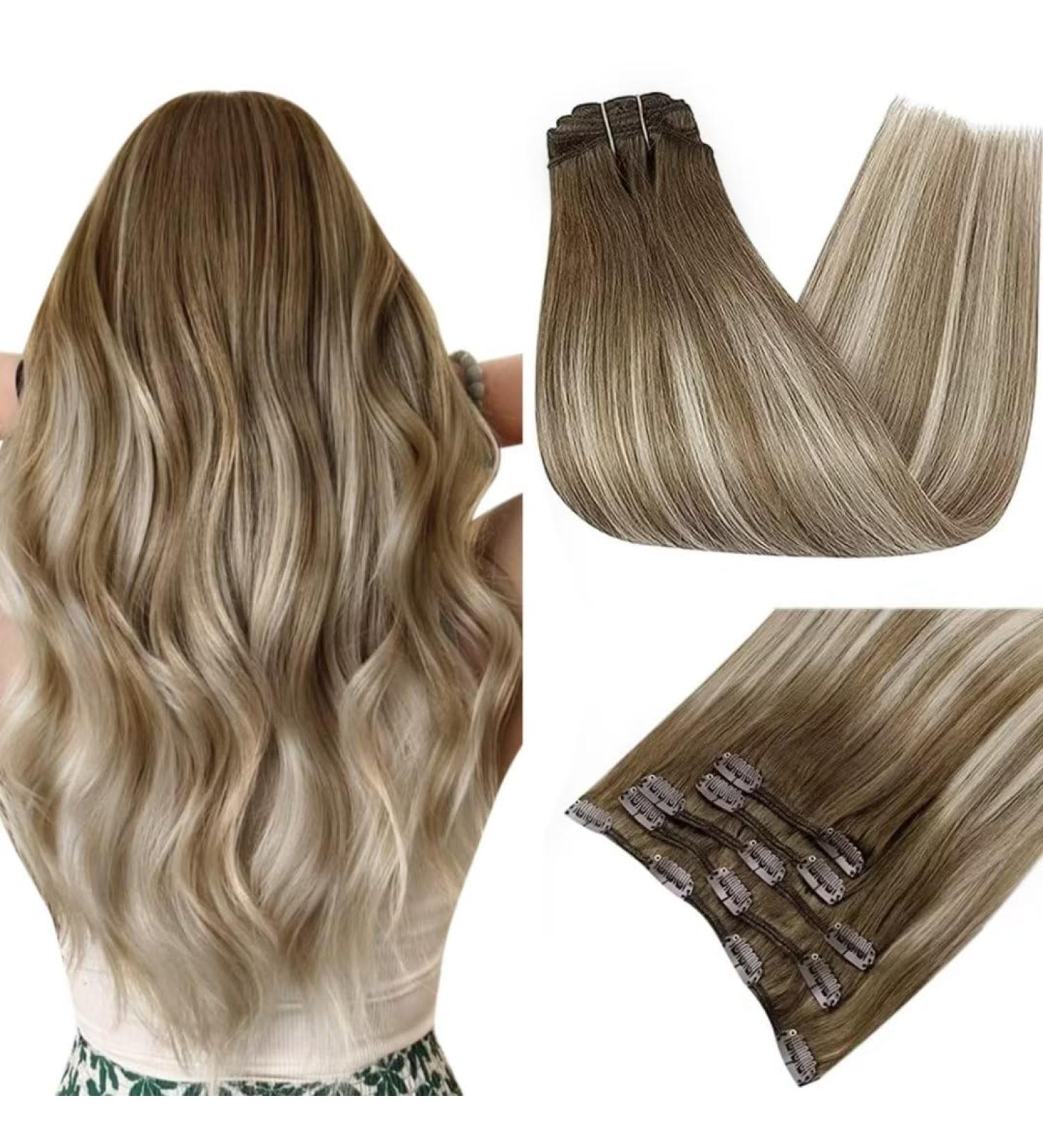 Easyouth Ombre Clip Hair Extensions - Balayage Brown to Blonde Human Hair 20 Inch 5Pcs - Buy Online on GoSupps.com
