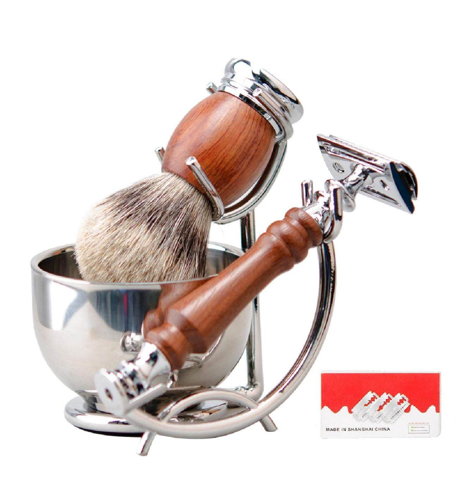 Grandslam Safety Razor Shaving Kit for Men - Pure Badger Hair Brush Rosewood Handle Razor Stainless Steel Stand & Large Bowl with 10 Blades - International Shipping Available - Buy Online on GoSupps.com