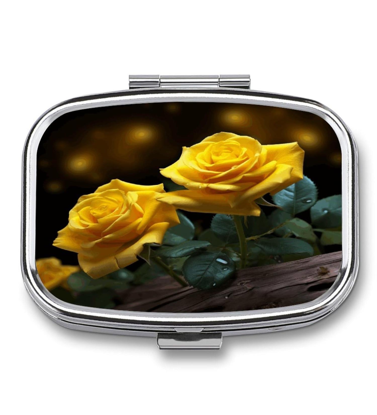 Beautiful Yellow Roses Print Pill Box | 2 Compartment Portable Medicine Organizer | Decorative Metal Case for Pocket & Purse - Buy Online on GoSupps.com