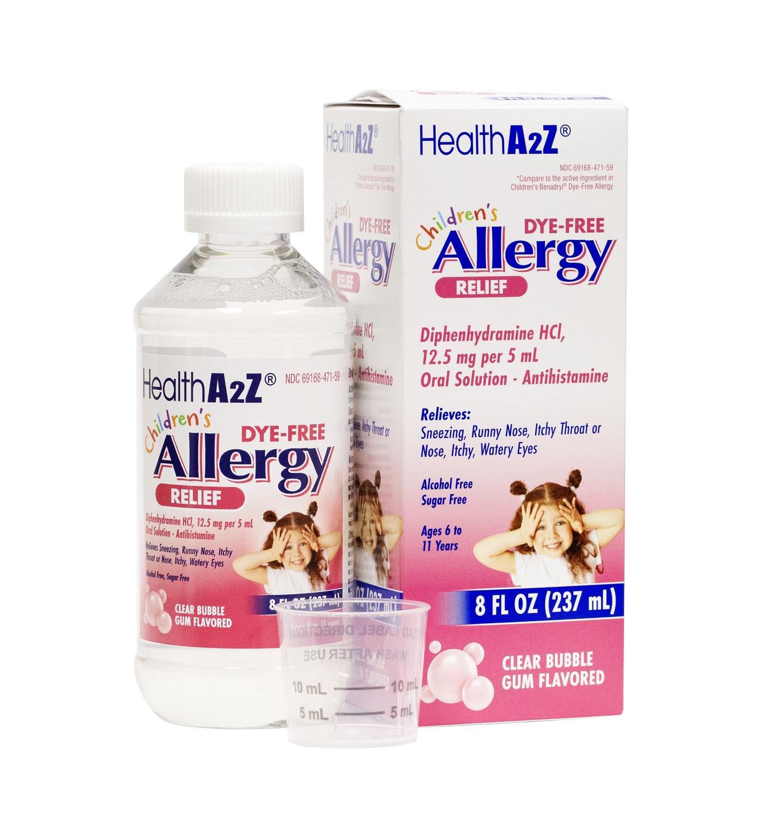 HealthA2Z Children's Allergy Relief | DYE Free | Diphenhyrdramine 12.5 mg | 5ml Oral Solution | 8Fl Oz (237 mL) | Antihistamine | Clear Bubble Gum Flavored | Alcohol and Sugar Free - Buy Online on GoSupps.com
