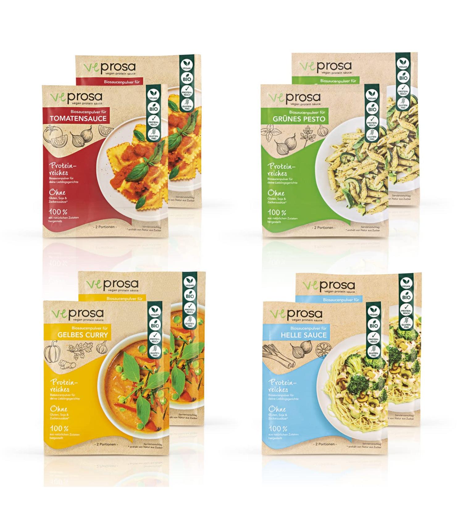  VEPROSA VEPROSA 8 x 50g Organic Powder Sauces | Vegan Protein Sauces with Over 30% Protein 2 x 50g Green Pesto Tomato Sauce Yellow Curry & Clear Sauce | Ingredients - Buy Online on GoSupps.com