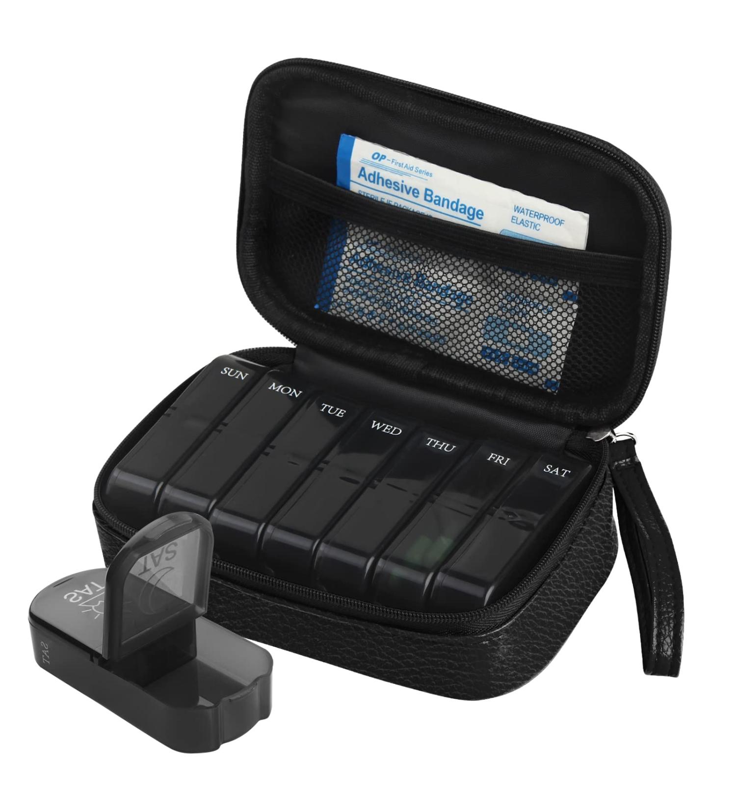 Weekly PU Leather Pill Organizer Case - AM PM Daily 2 Times a Day Vitamin Fish Oil Supplement & Medicine Holder (Black) - International Shipping Available - Buy Online on GoSupps.com