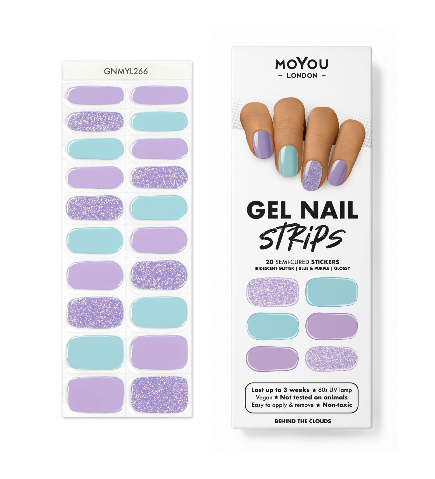 MOYOU LONDON Semi Cured Gel Nail Strips 20 Pc. Gel Wraps for Nails Get 1 Free UV Lamp when you Get 3 or More Easy Apply & Remove for Salon-Quality Manicure -Behind the Clouds