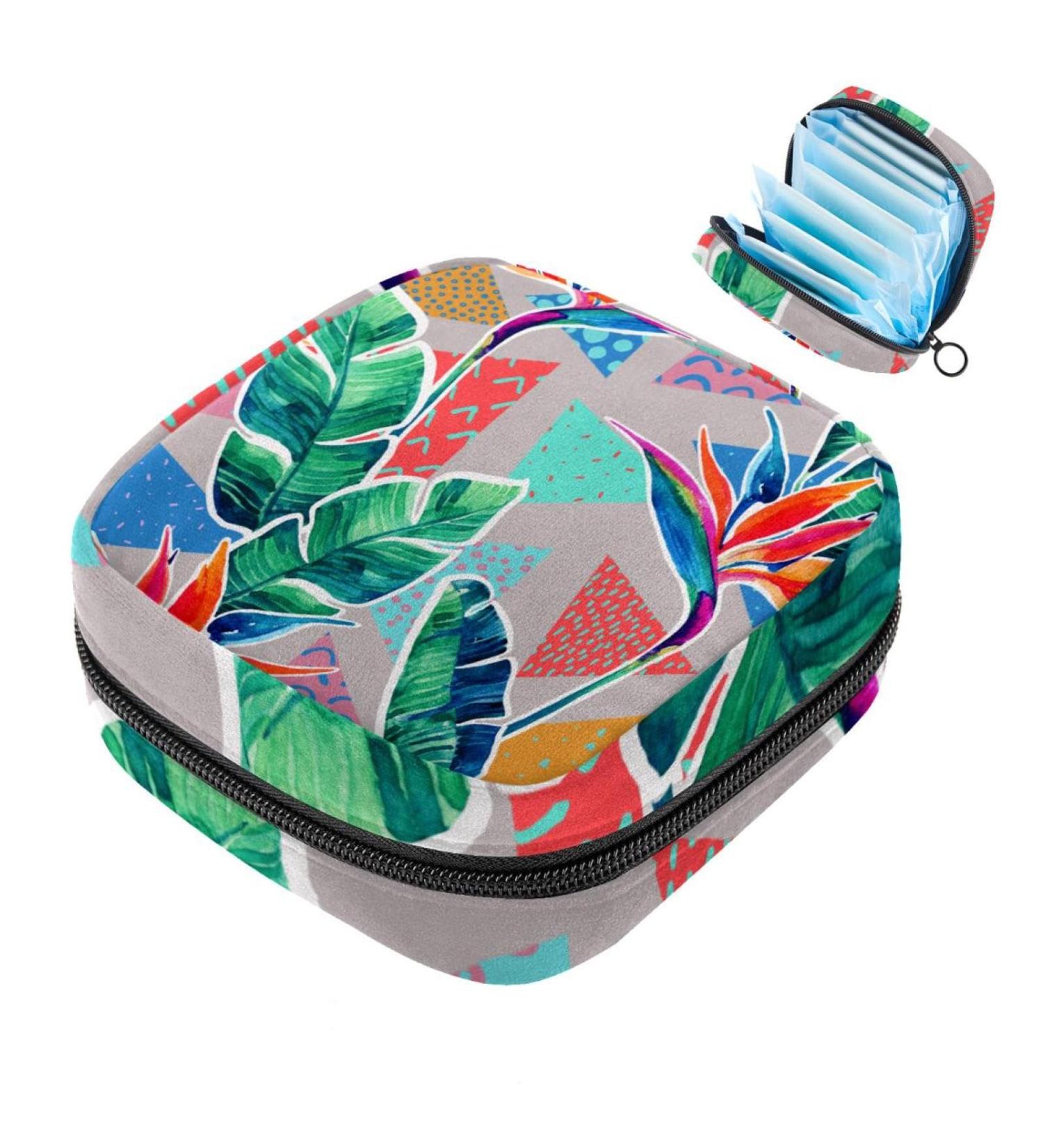 Javenproeqt Portable Women's Binding Bags - Menstrual Cup Pocket & Colorful Pads for Teenage Girls | Tropical Leaves Design - Buy Online on GoSupps.com