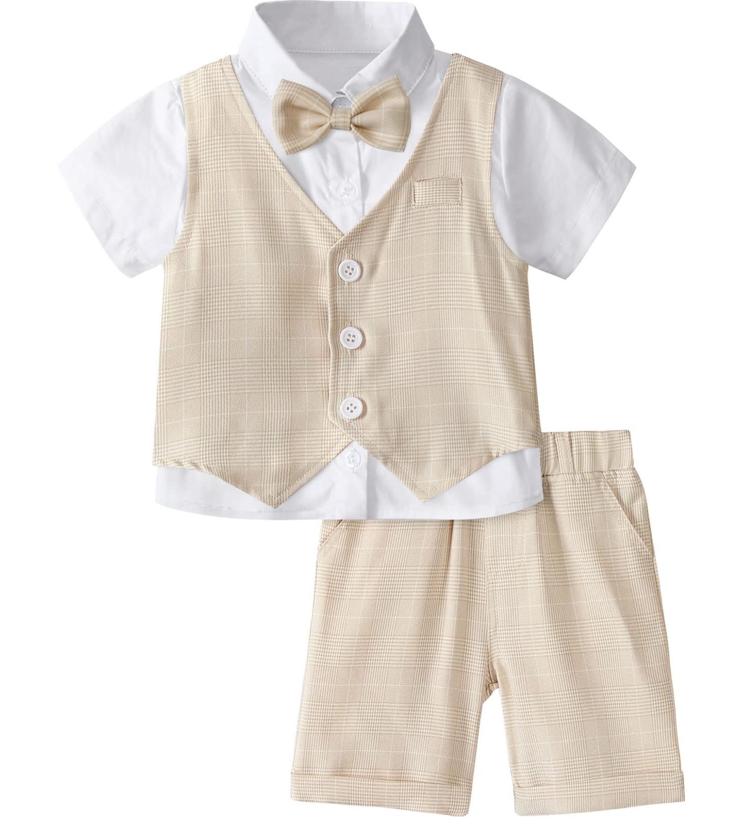 Mintgreen Baby Boys 4-5 Years Gentleman Suit Set with Shirt, Bowtie, Waistcoat & Shorts | Size 1-6 Years | Khaki - Buy Online on GoSupps.com