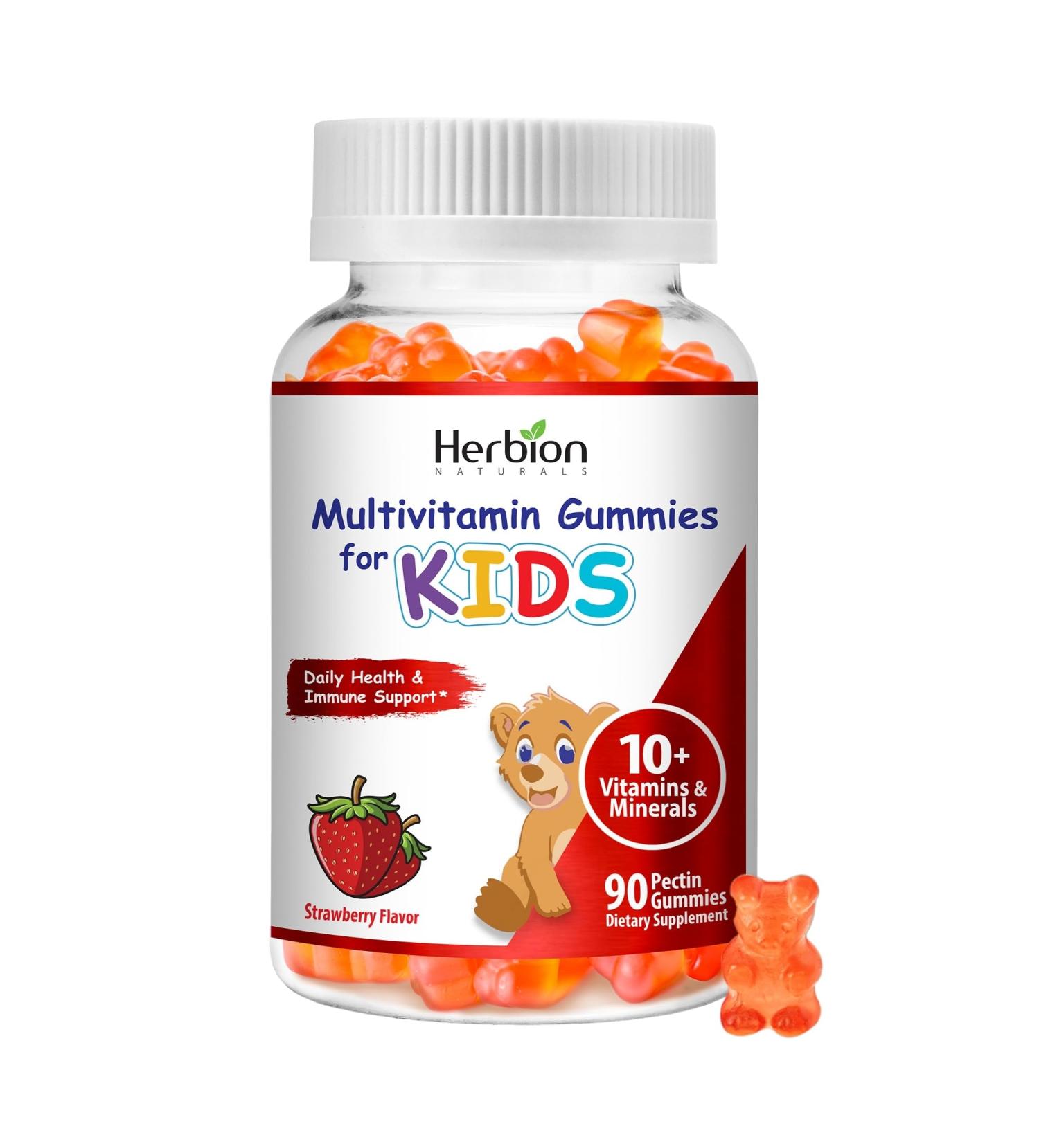 HERBION Naturals Multivitamin Gummies for Kids Immune Support with Vitamin C D3 B12 A E & Zinc Strawberry Flavor Gluten Free Vegan Chewable Gummies for Vitality & Immunity 90 CT Pack of 1 90 Count (Pack of 1) - Buy Online on GoSupps.com