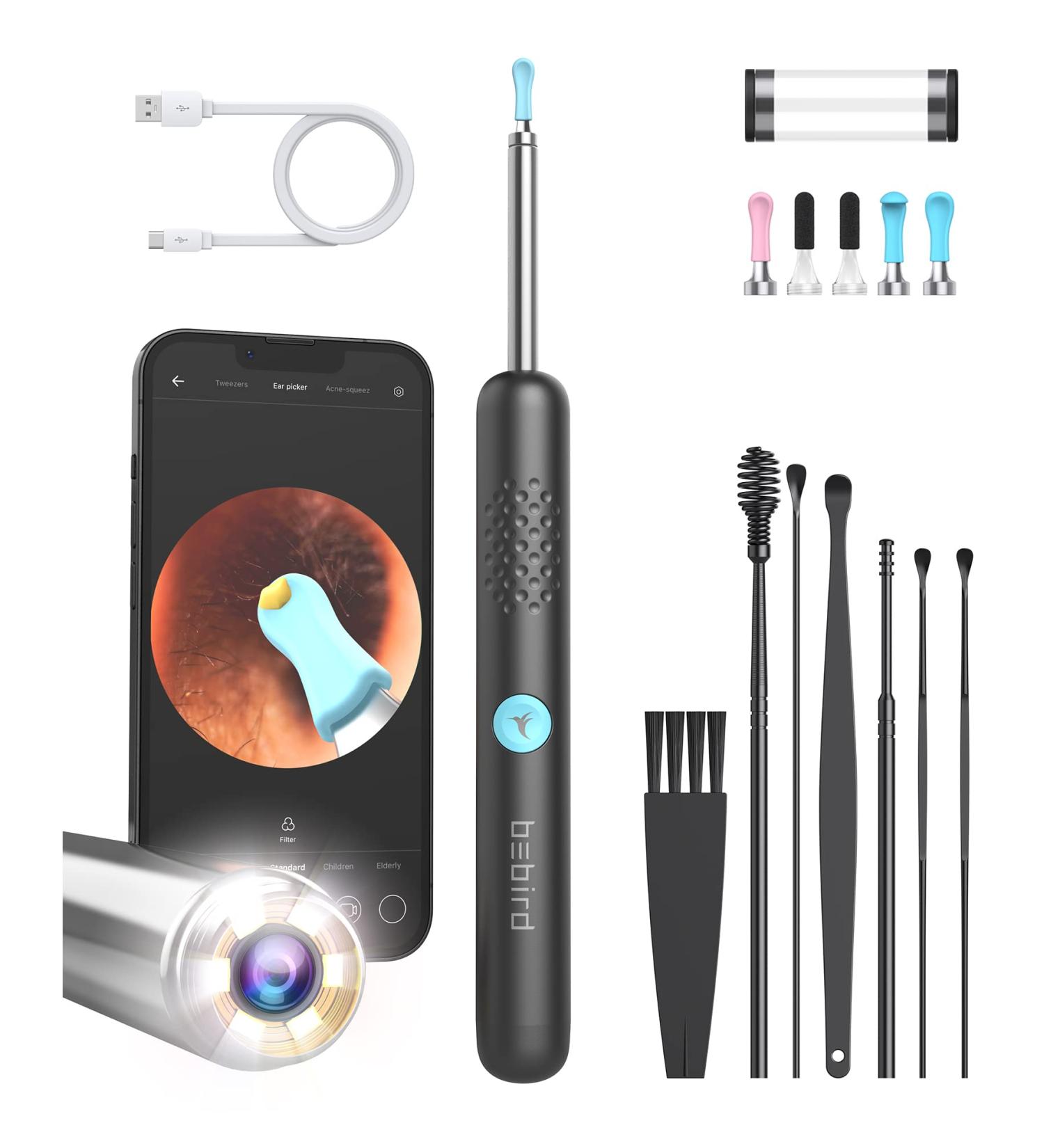 BEBIRD R1 Ear Wax Removal Tool Kit with 1080P Camera | Smart Visual Earwax Cleaner Set - 7 Pcs | 6 LED Lights | 5 Ear Scoop Tips - Black - Buy Online on GoSupps.com