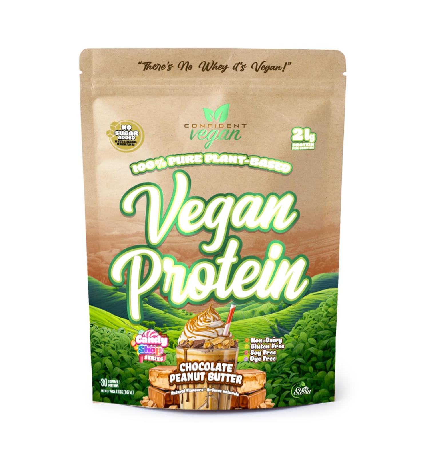 CONFIDENT VEGAN 100% Pure Plant-Based VEGAN PROTEIN Gluten Free No Added Sugar - 20g of Delicious Protein Per Serving CHOCOLATE PEANUT BUTTER 2 Pound 30 Servings - Buy Online on GoSupps.com