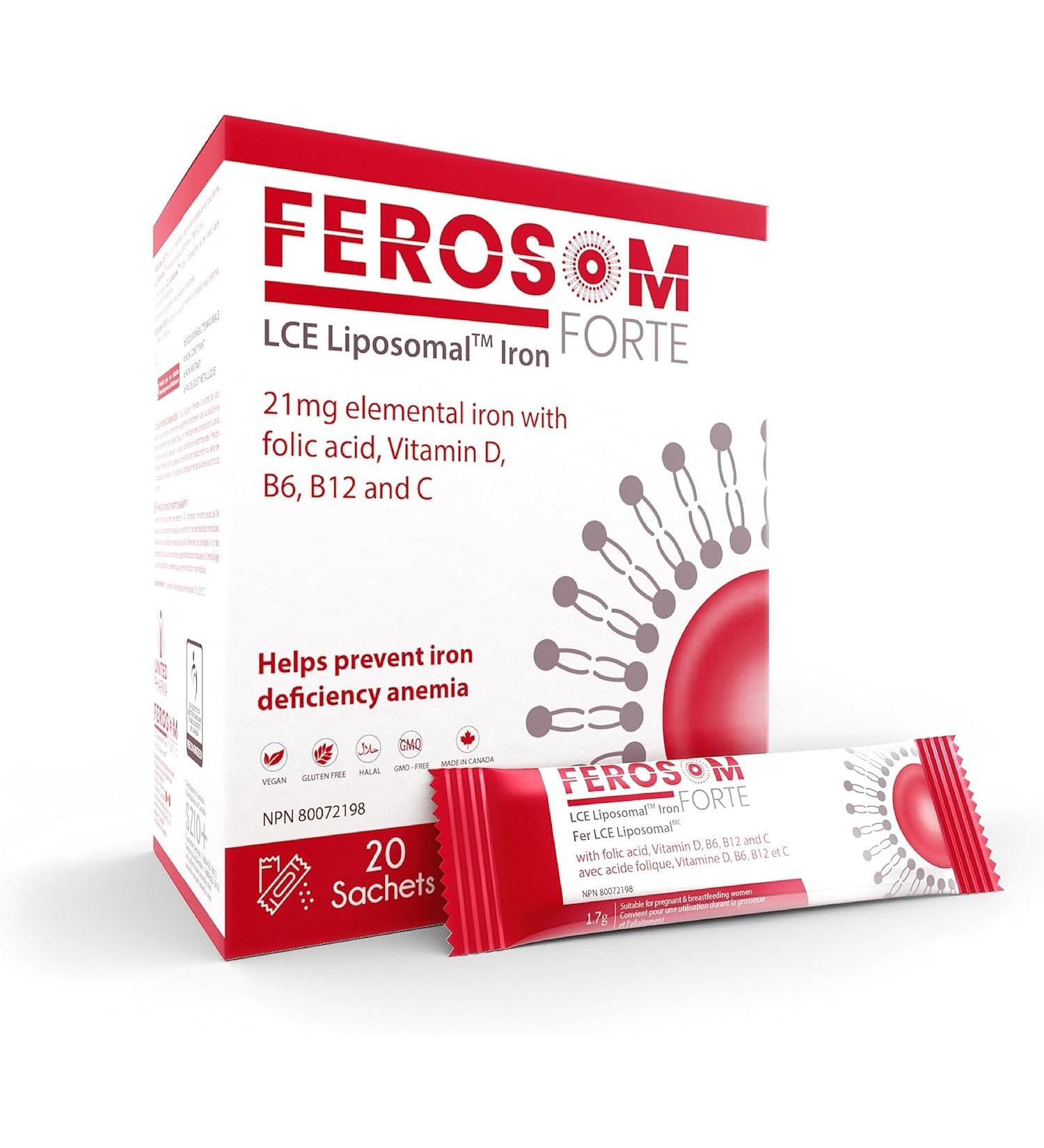 Ferosom Forte LCE Liposomal Iron Supplement Powder Gentle on the Stomach 21g Elemental Iron with Vitamin B12 B6 D C Folic Acid Berry Flavor Powder or Liquid Iron Drink 20 Vegan Iron Sachets - Buy Online on GoSupps.com