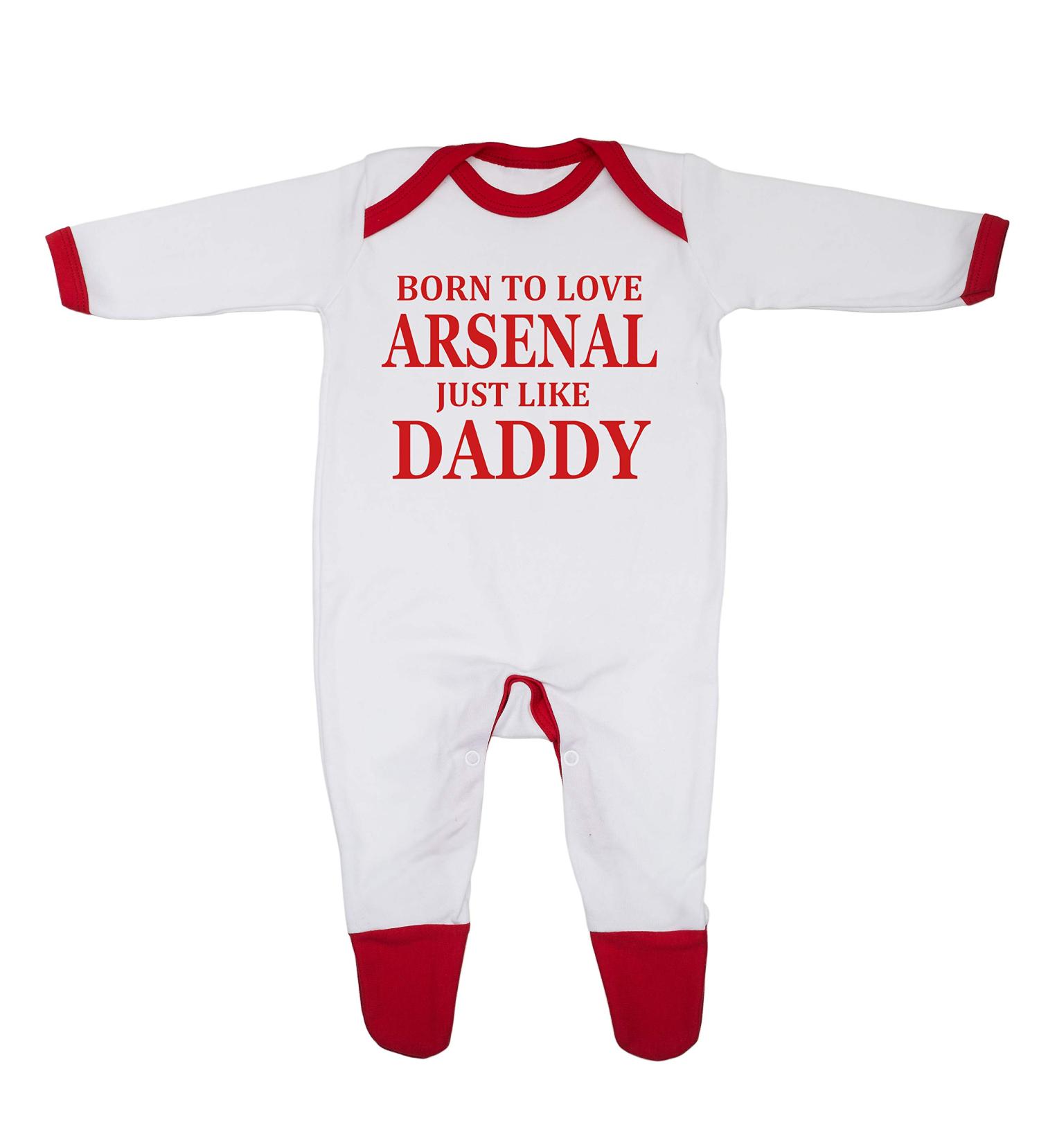 Born To Love Arsenal Just Like Daddy Baby Sleepsuit | 3-6 Months | UK Printed | 100% Combed Cotton | White/Red Trim - Buy Online on GoSupps.com