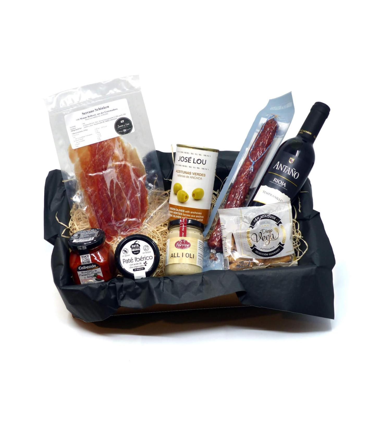 Spanish Delicatessen Gift Box - Tapas Evening for Two Gift Set with Red Wine | Gourmet Gift Basket from Spain - Buy Online on GoSupps.com