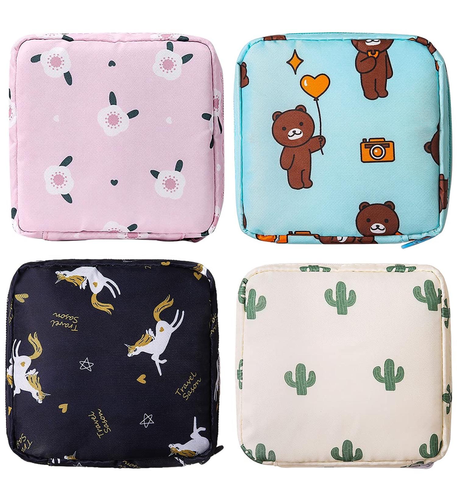 Sanitary Napkin Storage Bag Set - Zipper Menstrual Pad Holder for Purse - Teen Girls First Period Kit - Cactus, Begonia, Bear, Unicorn Designs - Buy Online on GoSupps.com