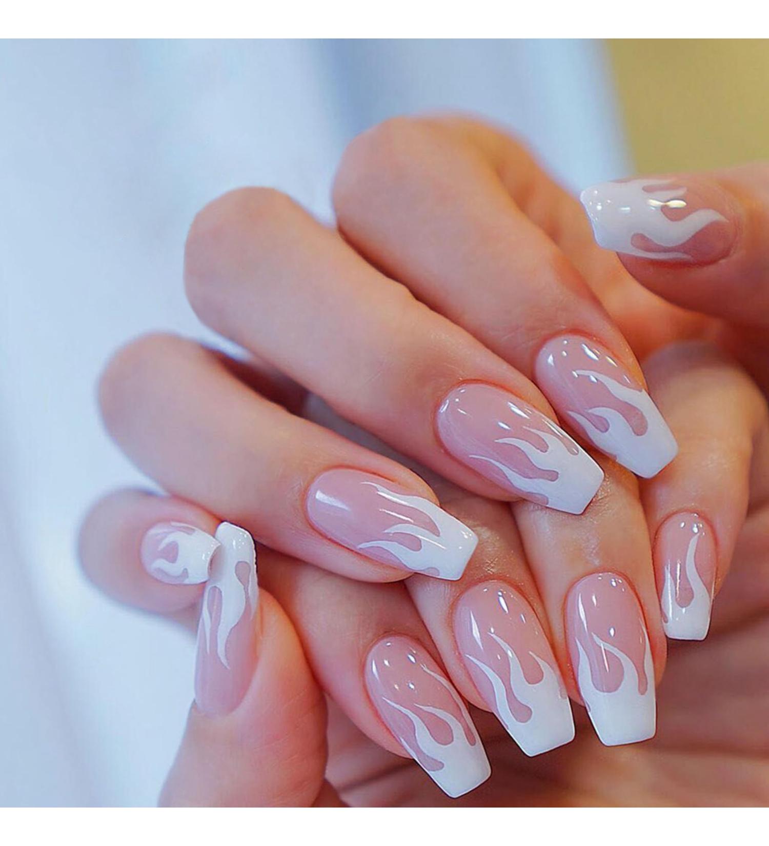 Premium Oval Short French Press On Nails - Mrcuvaryas Soft Gel Tips - Full Cover White Flame Design - International Shipping Available - Buy Online on GoSupps.com