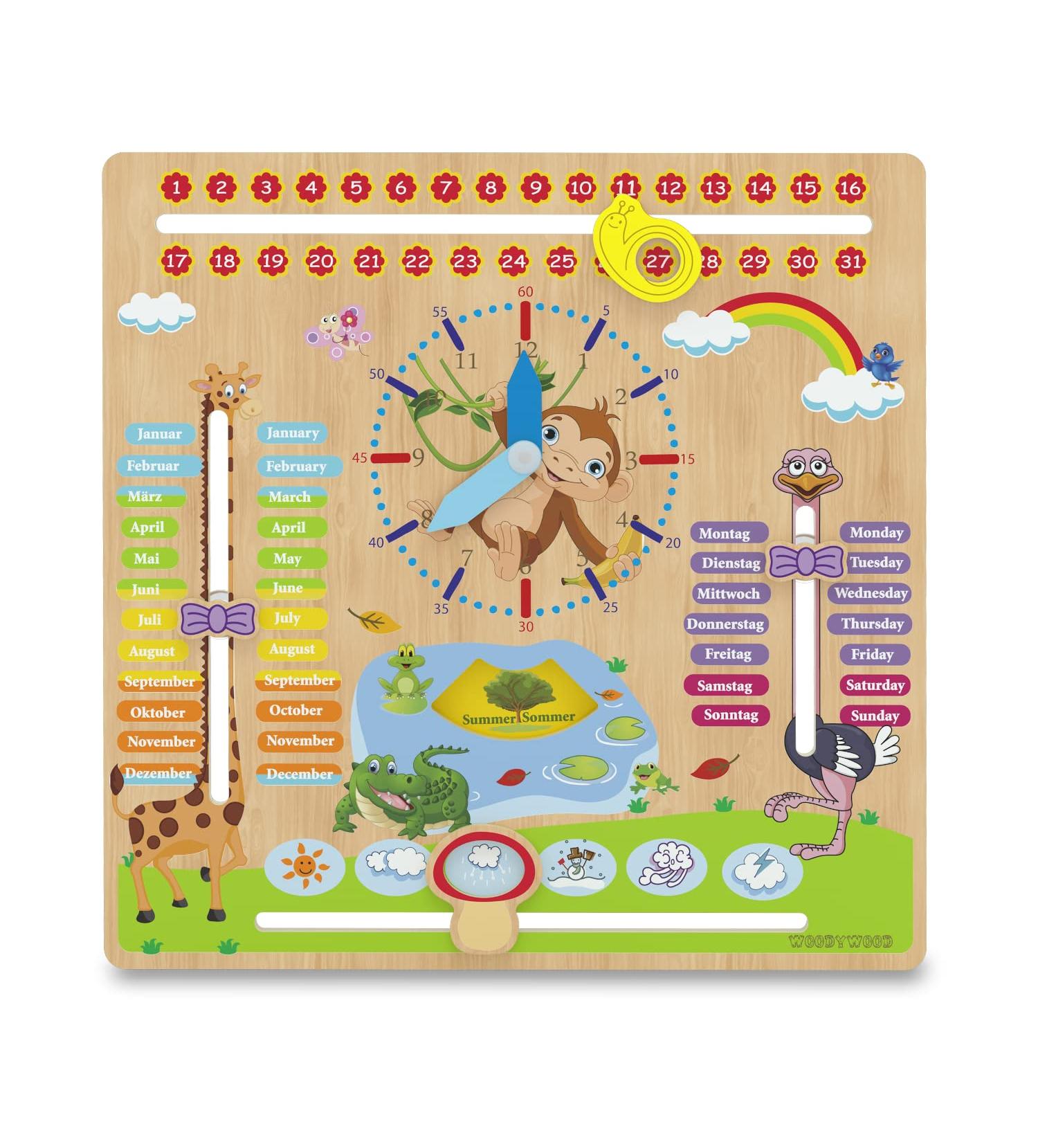 Woodywood Calendar Watch for Children - Bilingual Montessori Learning Clock in Wood - 30x30 cm - Teach Time Date & More Ideal Gift for Kids - Buy Online on GoSupps.com